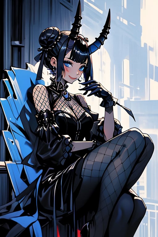 (masterpiece), , (best quality)

1girl, solo, looking at viewer, smile, short hair, gloves, dress, holding, sitting, closed mouth, blue eyes, pantyhose, detached sleeves, black hair, horns, hair bun, black dress, double bun, makeup, fishnets,  black horns, gloves, gothic, black pantyhose