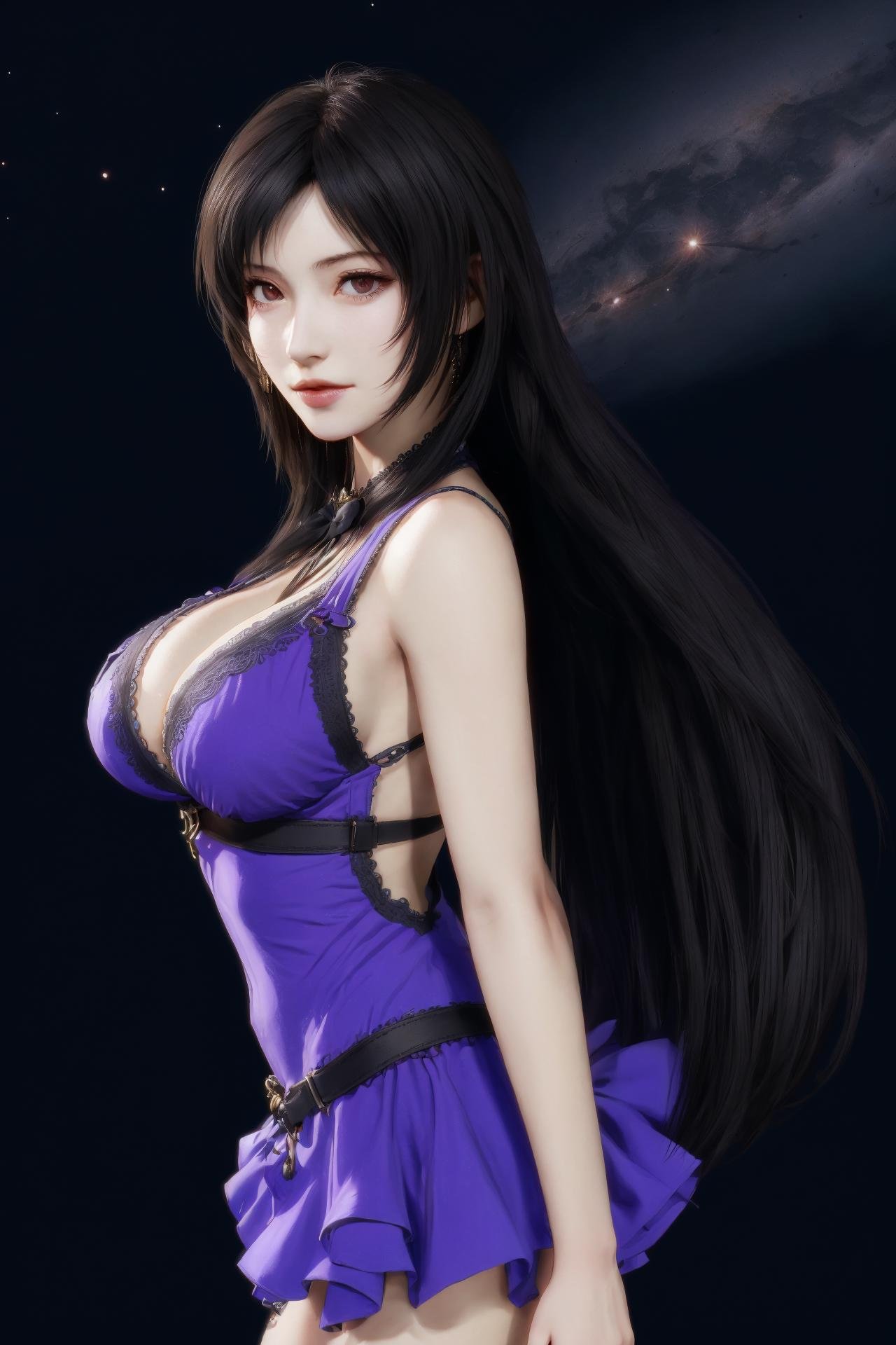 the milky way,1girl,solo,tifa lockhart,long hair,cleavage,large breasts,purple dress,black hair,<lora:好吃米-tifa-v2:0.6>,