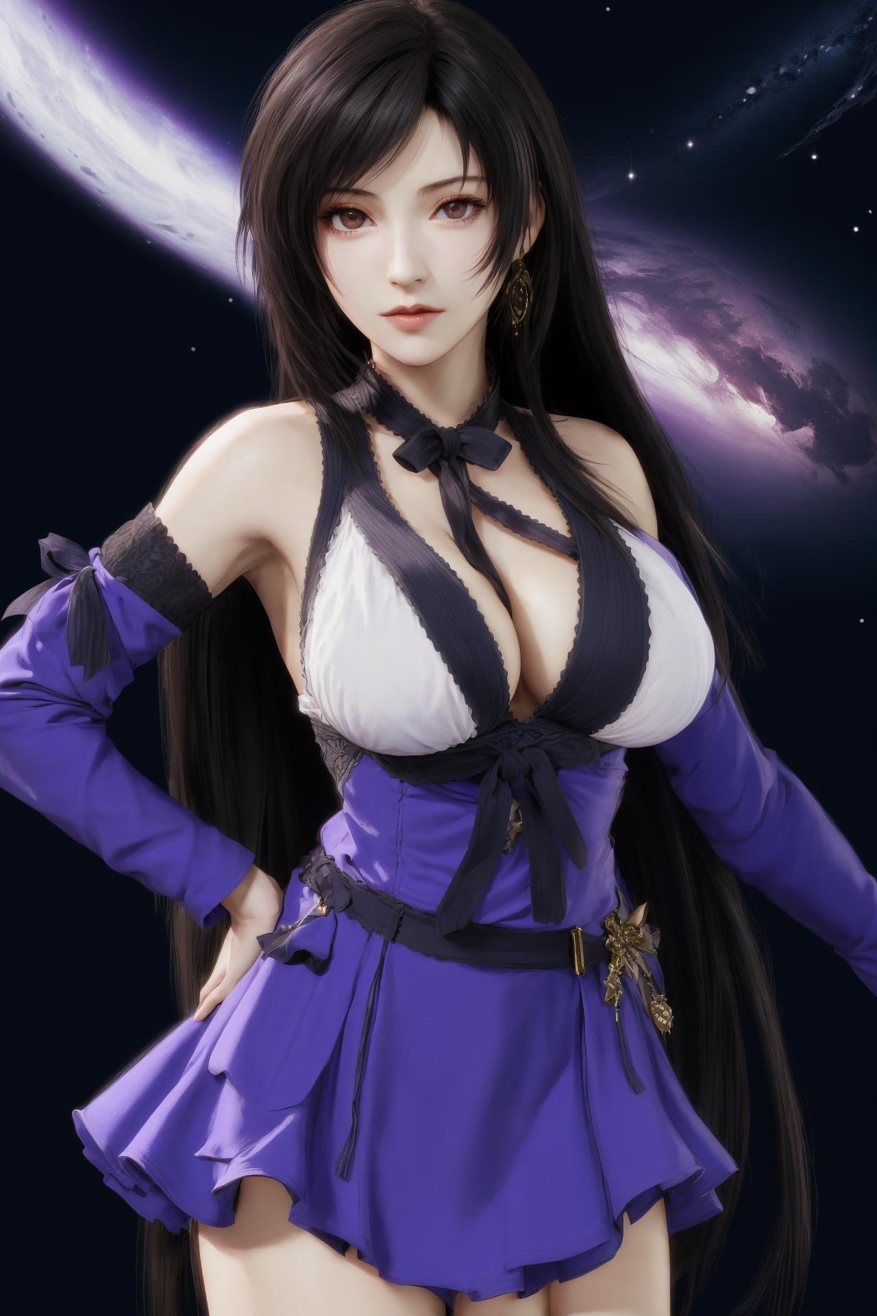 the milky way,1girl,solo,tifa lockhart,long hair,cleavage,large breasts,purple dress,black hair,<lora:好吃米-tifa-v2:0.6>,