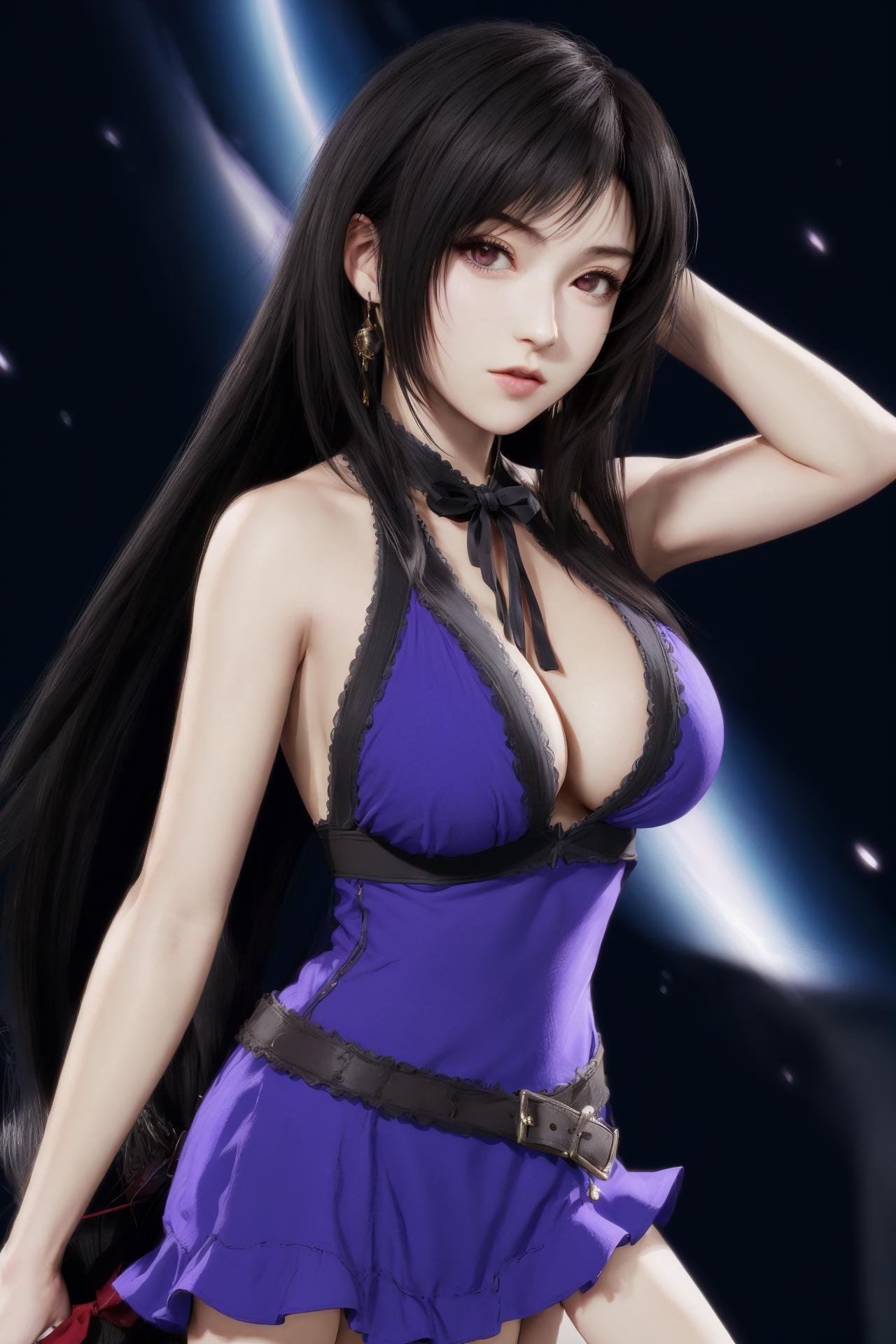 the milky way,1girl,solo,tifa lockhart,long hair,cleavage,large breasts,purple dress,black hair,<lora:好吃米-tifa-v2:0.6>,