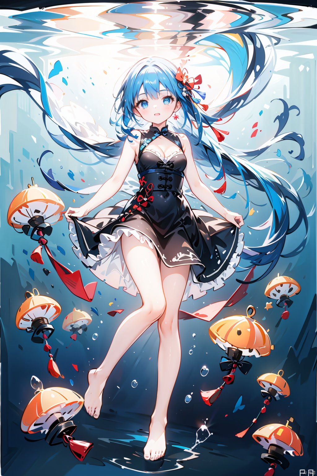  (masterpiece), (best quality),(illustration), ((chinese colorful ink)),wide shot, best quality, epic scenes, impactful visuals, 
1girl, long hair, dress, underwater, solo, barefoot, black dress, very long hair, breasts, blue hair, blue eyes, jellyfish, cleavage, bubble, looking at viewer, bangs, coral, bare legs, sleeveless, full body, medium breasts, air bubble, fish