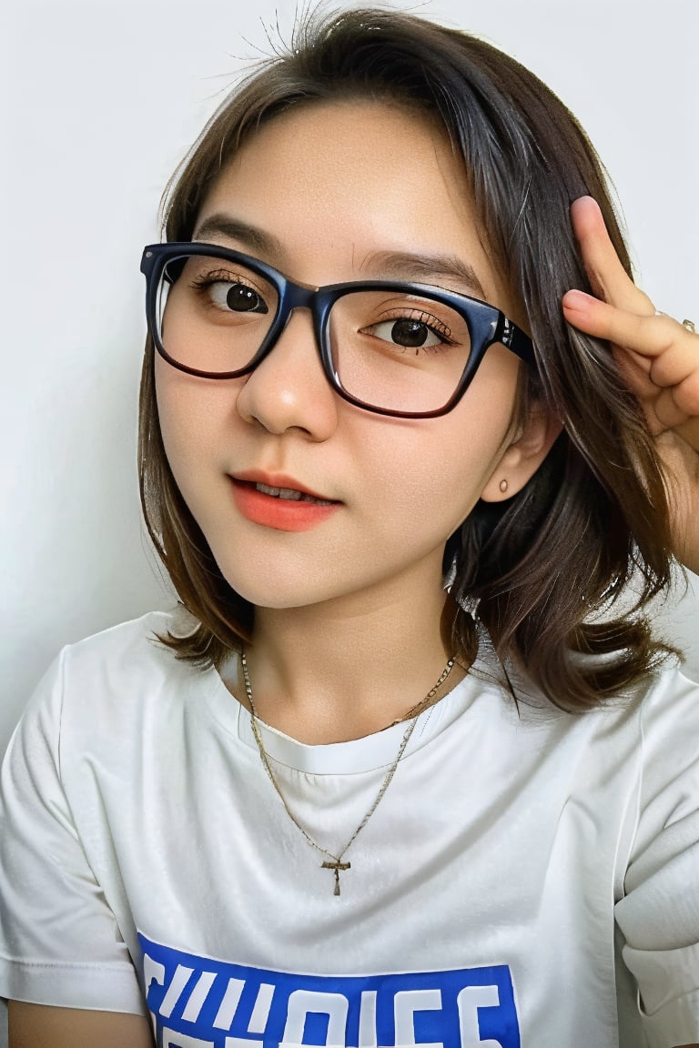 portrait of a beautiful 18 year old girl wearing casual clothes and white background, benefits of Samsung S3 Ultra photo features,High detailed ,sarahviloid,Masterpiece, eye_glasses,hij4b