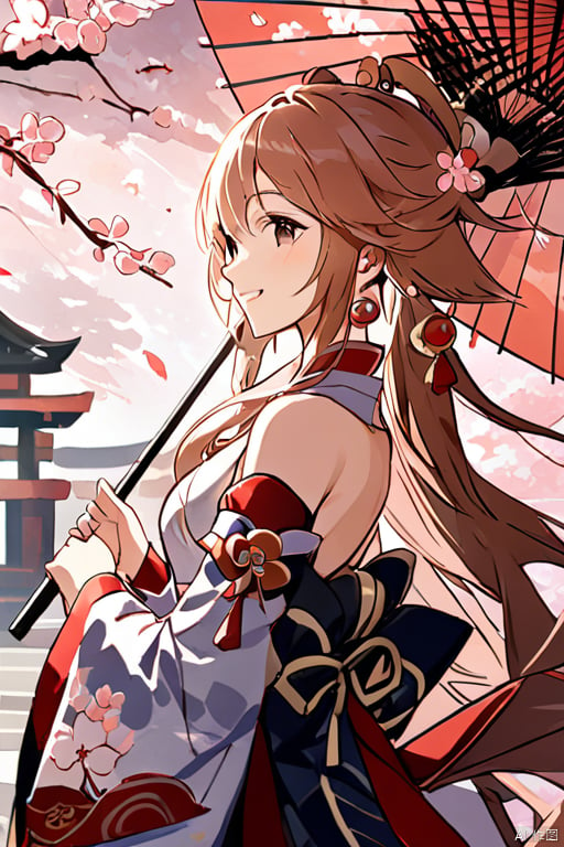 (\ba chong shen zi\),1girl, solo, long hair, umbrella, detached sleeves, holding, cherry blossoms, holding umbrella, wide sleeves, japanese clothes, smile, oil-paper umbrella, jewelry, long sleeves, bangs, earrings, outdoors, closed mouth, very long hair, medium breasts, from side, day,True Love