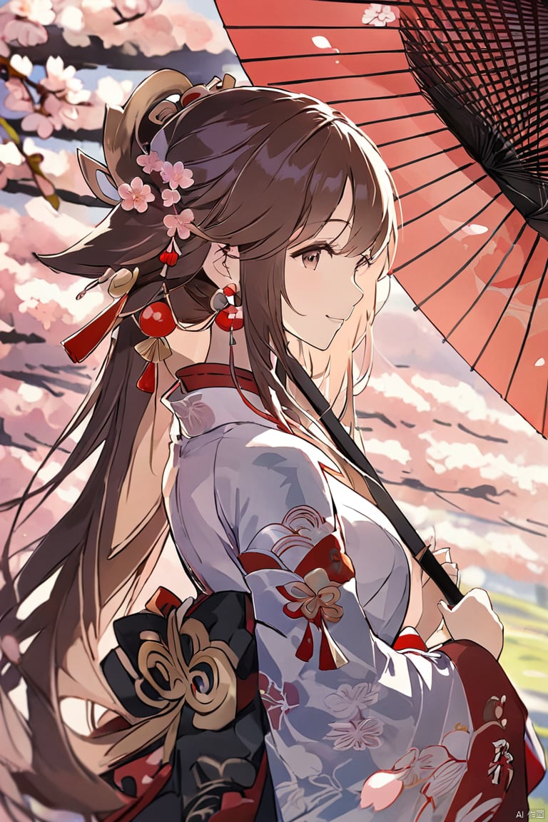 (\ba chong shen zi\),1girl, solo, long hair, umbrella, detached sleeves, holding, cherry blossoms, holding umbrella, wide sleeves, japanese clothes, smile, oil-paper umbrella, jewelry, long sleeves, bangs, earrings, outdoors, closed mouth, very long hair, medium breasts, from side, day,True Love