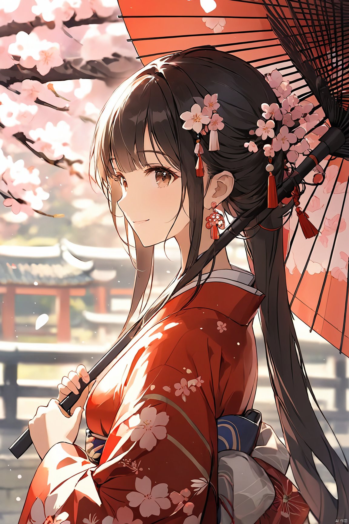  (\ba chong shen zi\),1girl, solo, long hair, umbrella, detached sleeves, holding, cherry blossoms, holding umbrella, wide sleeves, japanese clothes, smile, oil-paper umbrella, jewelry, long sleeves, bangs, earrings, outdoors, closed mouth, very long hair, medium breasts, from side, day,True Love