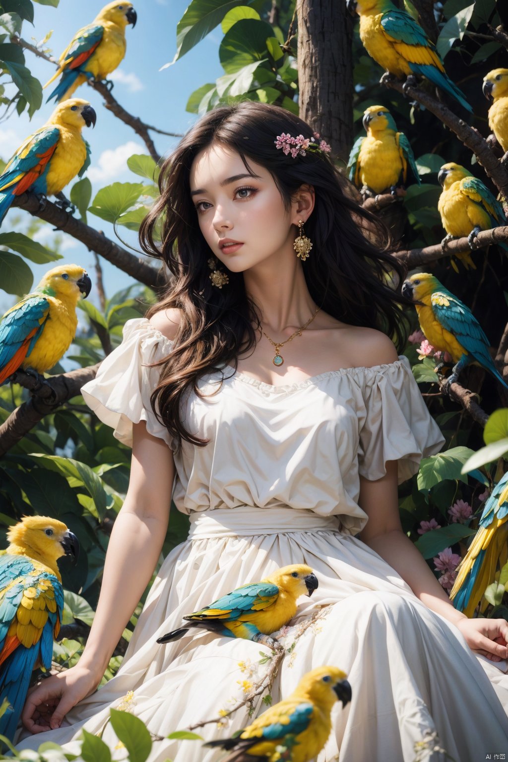 (Masterpiece, best quality, high-resolution: 1.2),1 girl (surrounded by parrots), necklace, black hair, black long hair, flowers, branches, solo, long hair, feathered dress, floating feathers, black feathers, brown hair, parrots, foreground blocking, depth of field, looking at the audience, dynamic posture, realistic, rose,
