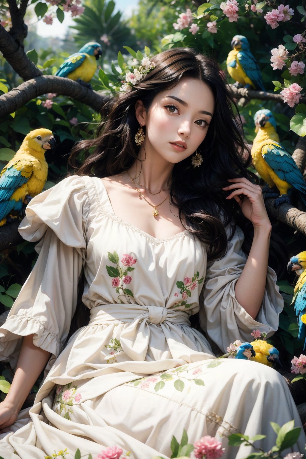 (Masterpiece, best quality, high-resolution: 1.2),1 girl (surrounded by parrots), necklace, black hair, black long hair, flowers, branches, solo, long hair, feathered dress, floating feathers, black feathers, brown hair, parrots, foreground blocking, depth of field, looking at the audience, dynamic posture, realistic, rose,
