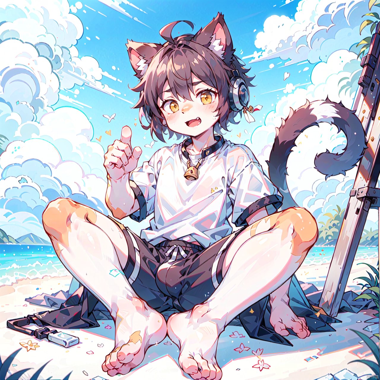  ahoge, furry, Children with bells and headphones, furry, open mouth, Big fluffy tail, An eight-year-old boy, Not a spot on the whole body, Yellow cat ears and brown antlers, Gray shorts, White shirt, The size of the cat, Juvenile, Skinny body type, 1boy, cat boy, furry, cub, ultra cute face, full body, perfect lighting, masterpiece, ultra detailed, White clothes, ultra detailed fur, Beach, outside, The blue sky and white clouds, Alone,barefoot