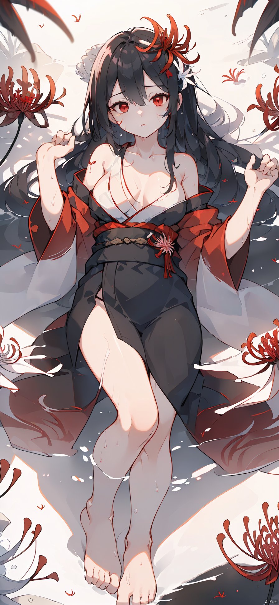  Masterpiece, illustration, 8K wallpaper, super detailed, portrait,(full body),,(1 girl:1.3),solo,//( long black hair:1.3)//,(Medium breasts), ((Perfect body)),//(Beautiful detailed red eyes: 1.3)//,(Wet body:1.15),,//((open kimono)),clavicle,off-shoulder//,(((Lying on liquid))),stretch out one's hand,,//(the nether world),(dark:1.5),(in_the_river:1.2),on (blood:1.1),(red_river),((underworld)),(equinox flowers),(fog),blood_splatter, blood_river,(red_flower:1.2),(blood_wavy:1.3), (spider_lily:1.3),(ghosts,blue_fire:1),(ripples:1),(paddle:1),((surrounded by beautiful detailed spider_lily:1.3)),shiny//,,,, , , , ,


Highest picture quality, masterpiece, exquisite CG, exquisite and complicated hair accessories, big watery eyes, highlights, natural light, Super realistic, cinematic lighting texture, absolutely beautiful,3D max, vray, c4d, ue5, corona rendering, redshift, octane rendering,（Show whole body）,backlight, shota