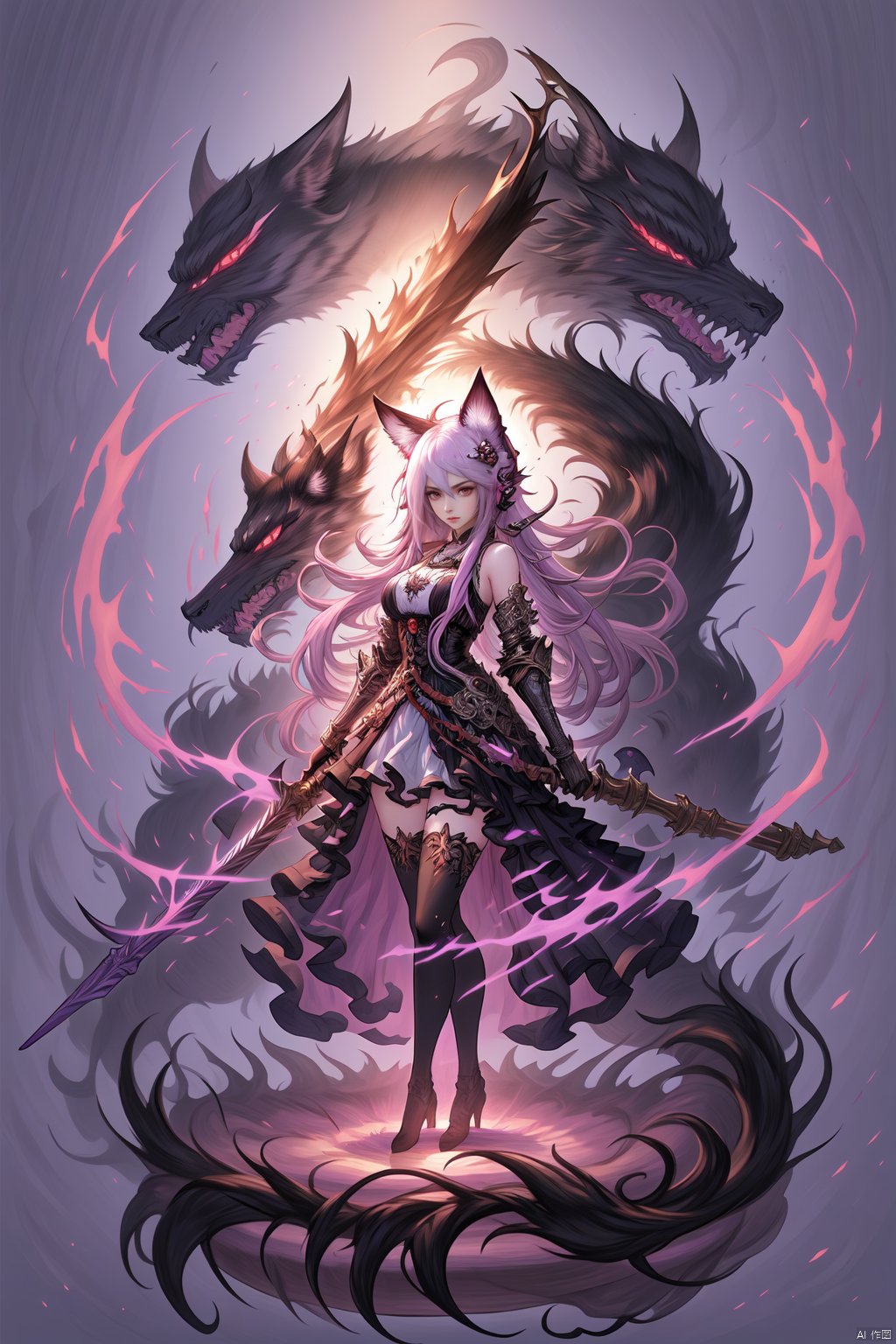  tianxie, 1girl, thighhighs, long hair, breasts, monster \(manga\), dress, looking at viewer, animal ears, holding, weapon, bangs, solo, holding weapon, hair between eyes, hair ornament, gauntlets, standing, sword, black thighhighs, bare shoulders, holding sword, purple eyes, large breasts, full body, closed mouth, medium breasts, frills, fire, pink eyes, tianxie,1girl