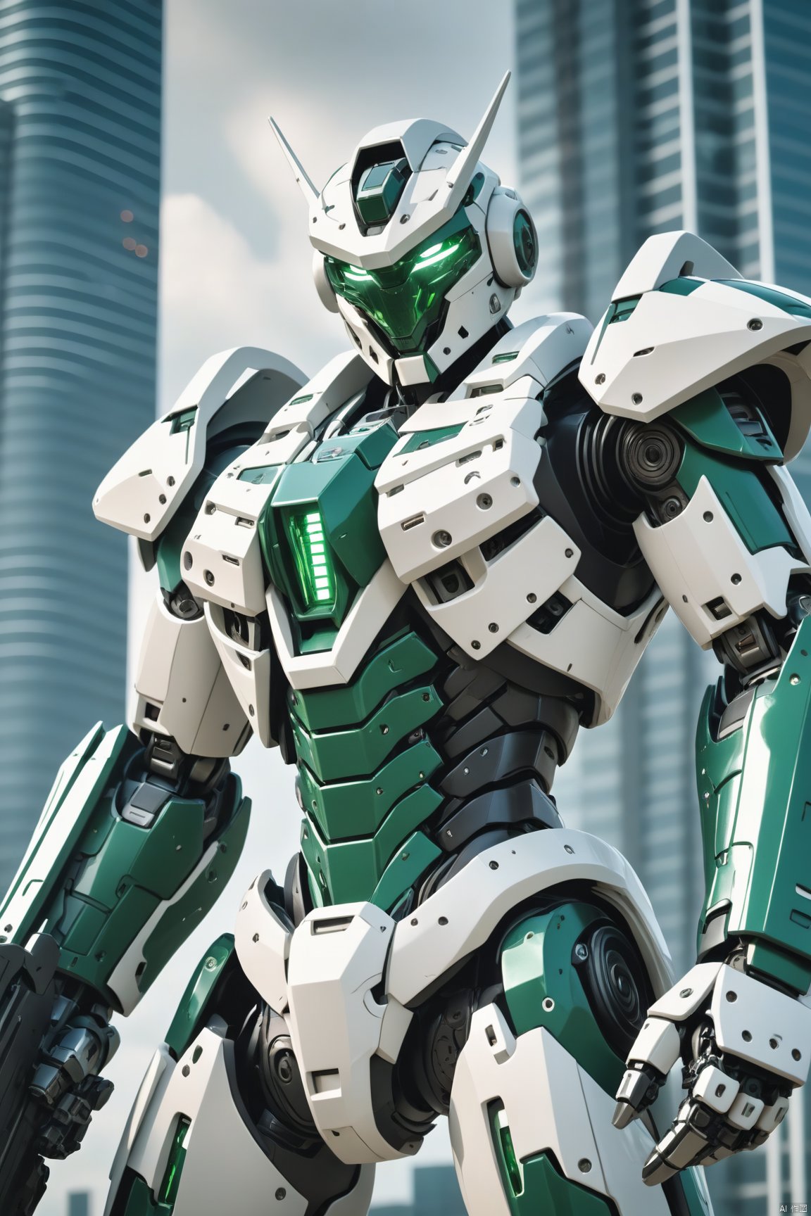 A green and white HUBG_Mecha_Armor robot, He's ceramic, and he holds sword Standing in front of a skyscraper,

HDR, IMAX, 8K resolutions, ultra resolutions, sharp focus, magnificent, best quality, masterpiece,
cinematic scenes, cinematic shots, cinematic lighting, volumetric lighting, ultra-detailed, 