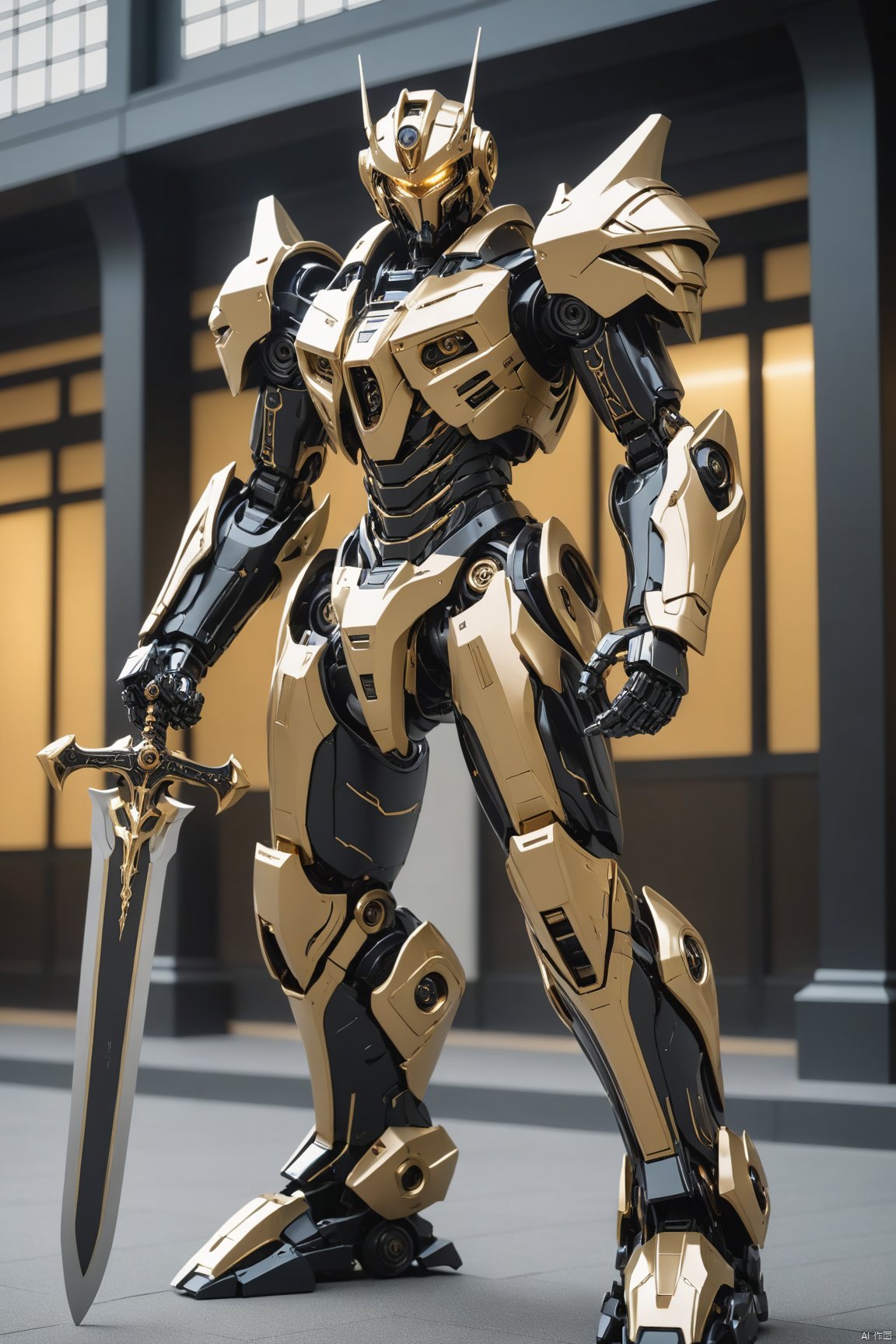 A black and golden HUBG_Mecha_Armor robot, He's ceramic, and he holds sword in front of the hall,

HDR, IMAX, 8K resolutions, ultra resolutions, sharp focus, magnificent, best quality, masterpiece,
cinematic scenes, cinematic shots, cinematic lighting, volumetric lighting, ultra-detailed, 