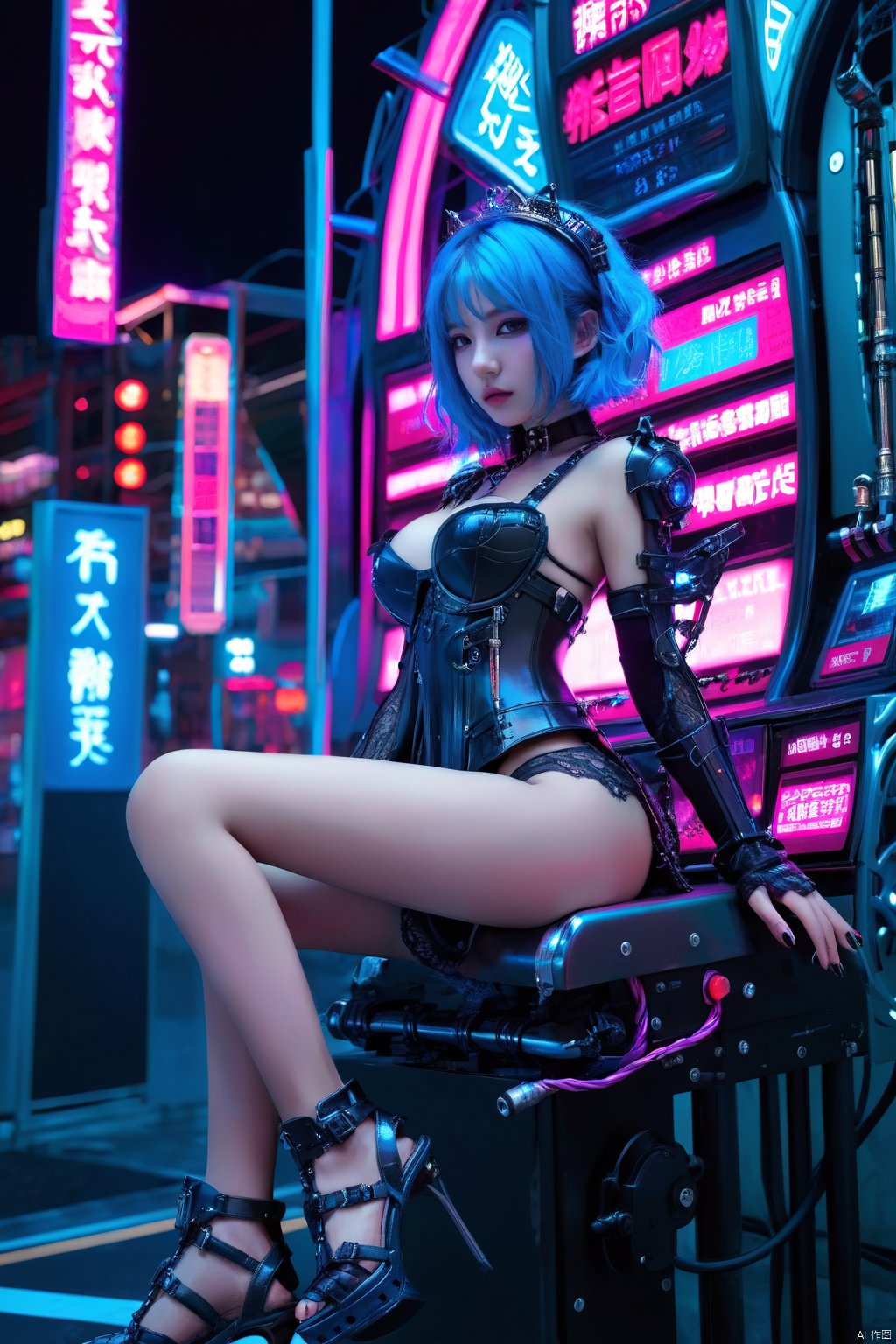  (masterpiece, top quality, best quality, official art, beautiful and aesthetic:1.2), (1girl:1.4), full body, ([pink|blue] hair), extreme detailed,(fractal art:1.3),colorful,highest detailed,((Mechanical modification)),(modification), Maiden, Half-sitting, A complex mechanical conduit is inserted into the back,catheter, neon background, neon city,night, gothic_lolita, high heels, HUBG_Mecha_Armor