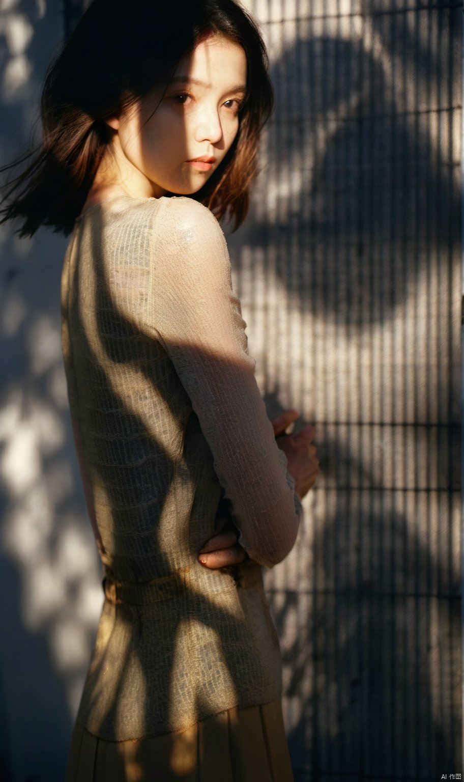  Photographer Toshio Sato's shooting style features fresh Japanese tones and Fuji cameras,with a 35MM lens. In the setting sun and golden moments,a bust of a young girl is captured in close-up shots with short hair and melancholic gaze. The black camisole dress (obstructed composition with blurred leaves in the foreground:1.6),the girl leaning against a barbed wire mesh (mottled light and shadow, clear focus, sharp image:1.6),emotional and atmospheric,with a golden realistic style. Portrait photography features lens flares,