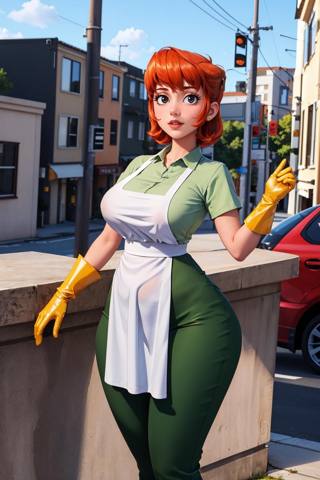 (masterpiece, best quality:1.2),  <lora:dextersmom:1>, dextersmom, 1girl, solo, looking at viewer, large breasts, wide hips, gloves, apron, jewelry, pants, shirt, outdoors, city,