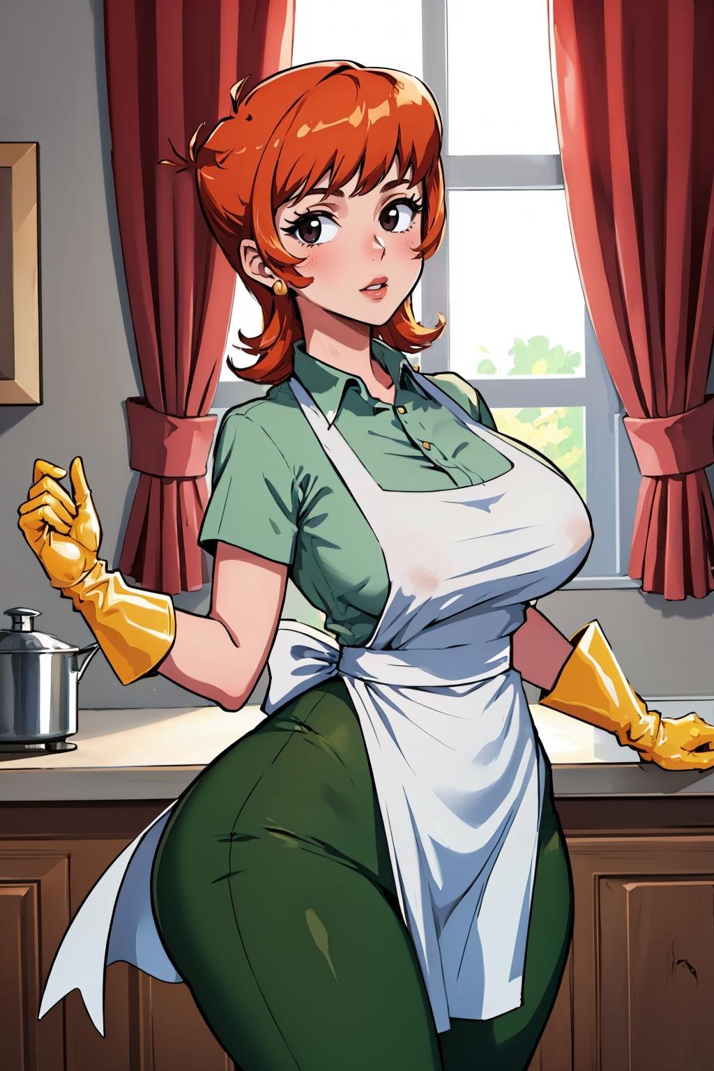 (masterpiece, best quality:1.2),  <lora:dextersmom:1>, dextersmom, 1girl, solo, looking at viewer, large breasts, wide hips, gloves, apron, jewelry, pants, shirt, 