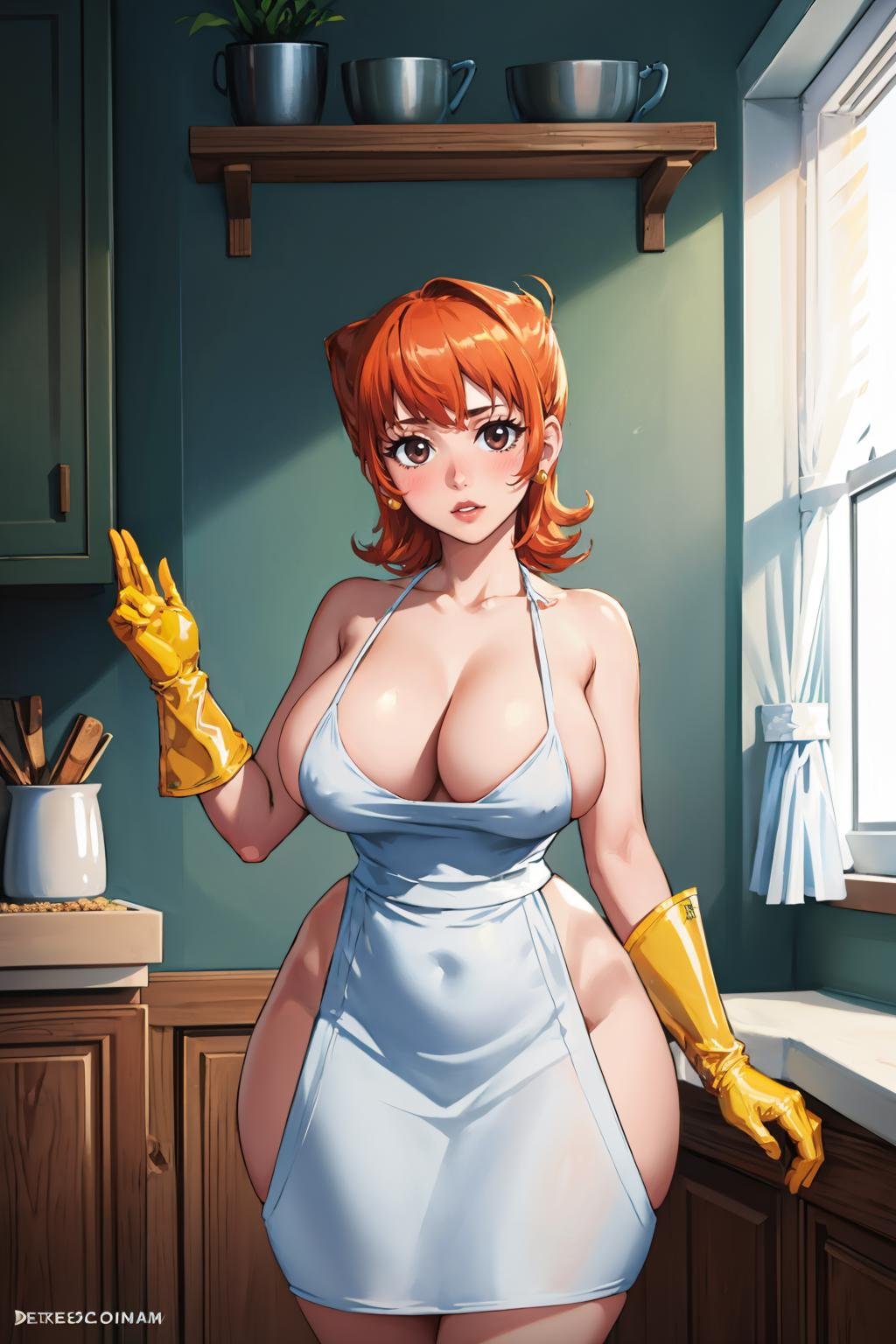 (masterpiece, best quality:1.2),  <lora:dextersmom:1>, dextersmom, 1girl, solo, looking at viewer, large breasts, wide hips, gloves, apron, jewelry, cleavage, naked apron, bottomless, topless, 