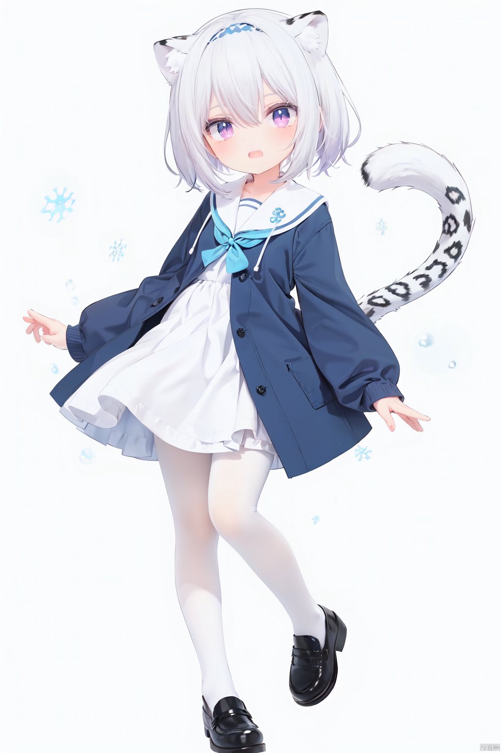  cute,solo blue shirt,blue sailor coat,loli,full body,white hair,snow leopard ear,white background,pink eyes,laugh,happy,white pantihose,white pantyhose,red armband,