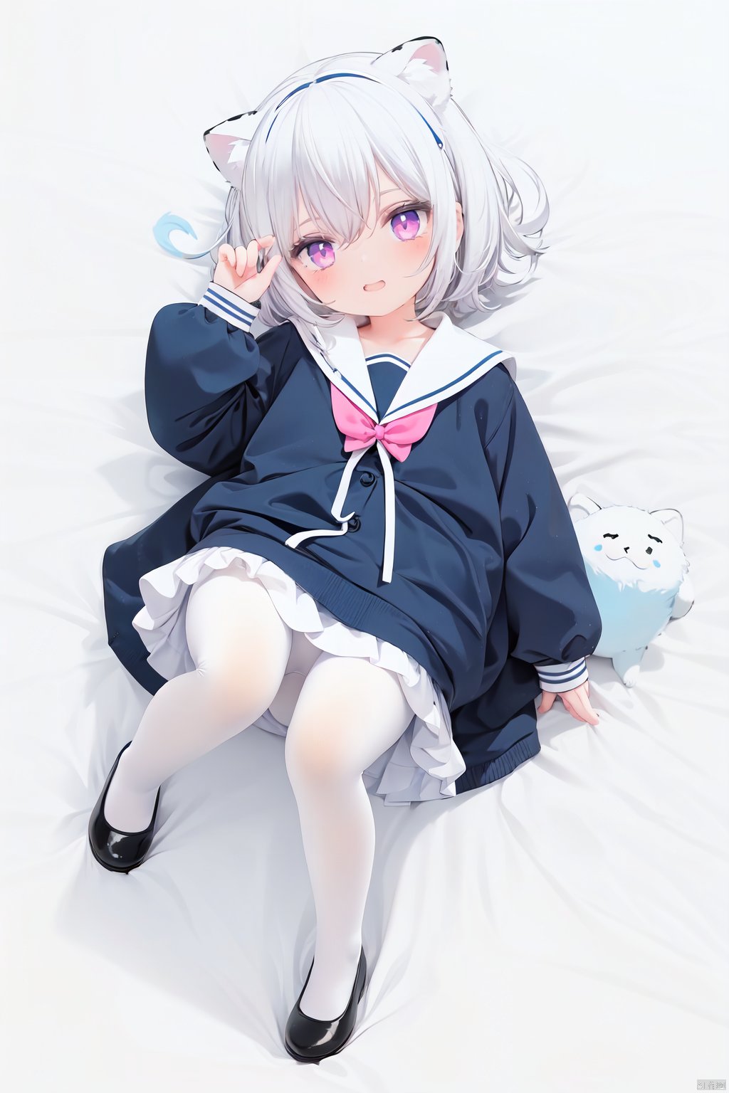  cute,Infant,solo blue shirt,blue sailor coat,loli,full body,white hair,snow leopard ear,white background,pink eyes,laugh,happy,white pantihose,white pantyhose,red armband,