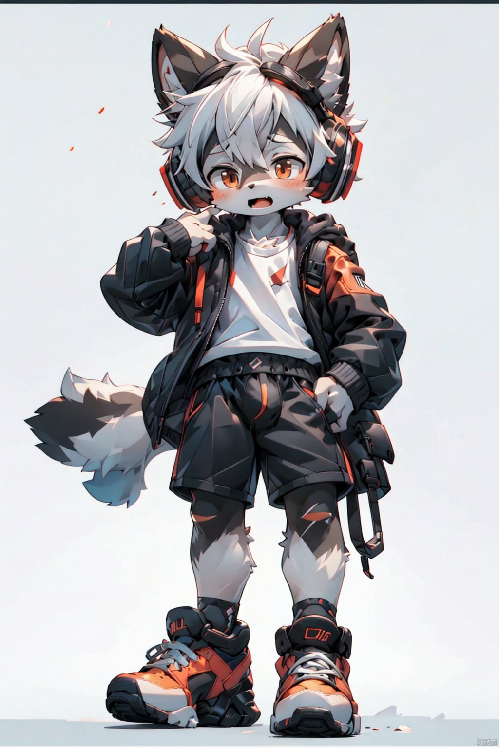  masterpiece,best quality,8K,1boy, male focus, solo, shorts, headphones, jacket, chibi, bag, shoes, brown eyes, white hair, full body, black shorts, bandaid, male child, looking at viewer, backpack, hood, standing, child, shirt, sneakers, short hair, black jacket, white shirt, grey background, closed mouth, open clothes, open jacket,red color, NJIP, furry, shota