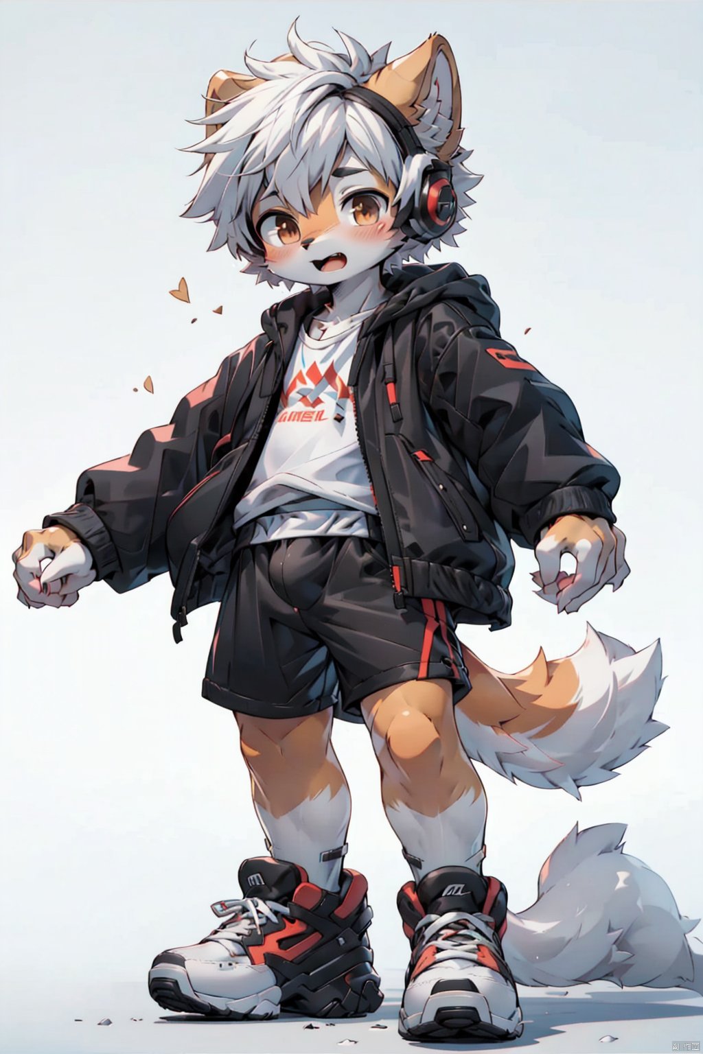  masterpiece,best quality,8K,1boy, male focus, solo, shorts, headphones, jacket, chibi, bag, shoes, brown eyes, white hair, full body, black shorts, bandaid, male child, looking at viewer, backpack, hood, standing, child, shirt, sneakers, short hair, black jacket, white shirt, grey background, closed mouth, open clothes, open jacket,red color, NJIP, furry, shota