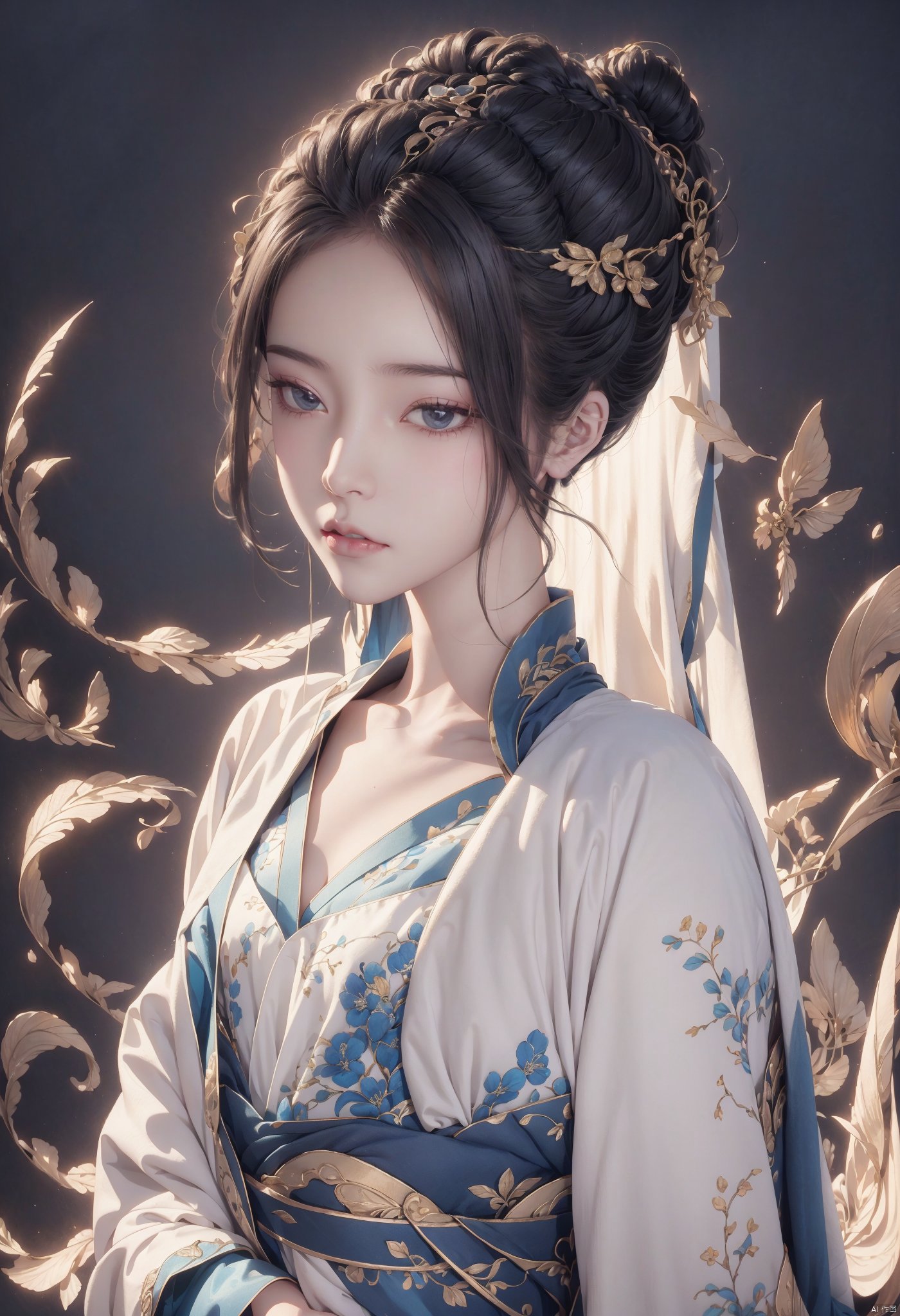  A mesmerizing and visually stunning artwork featuring a single female figure, created by a renowned artist, showcasing intricate details and vibrant colors. Official art quality with a strong aesthetic appeal. High resolution rendering in 4K, huliya, 1girl,White hanfu,
,Gemstones, ornaments, flash, diffusion, juemei,Textured skin,Textured hair,