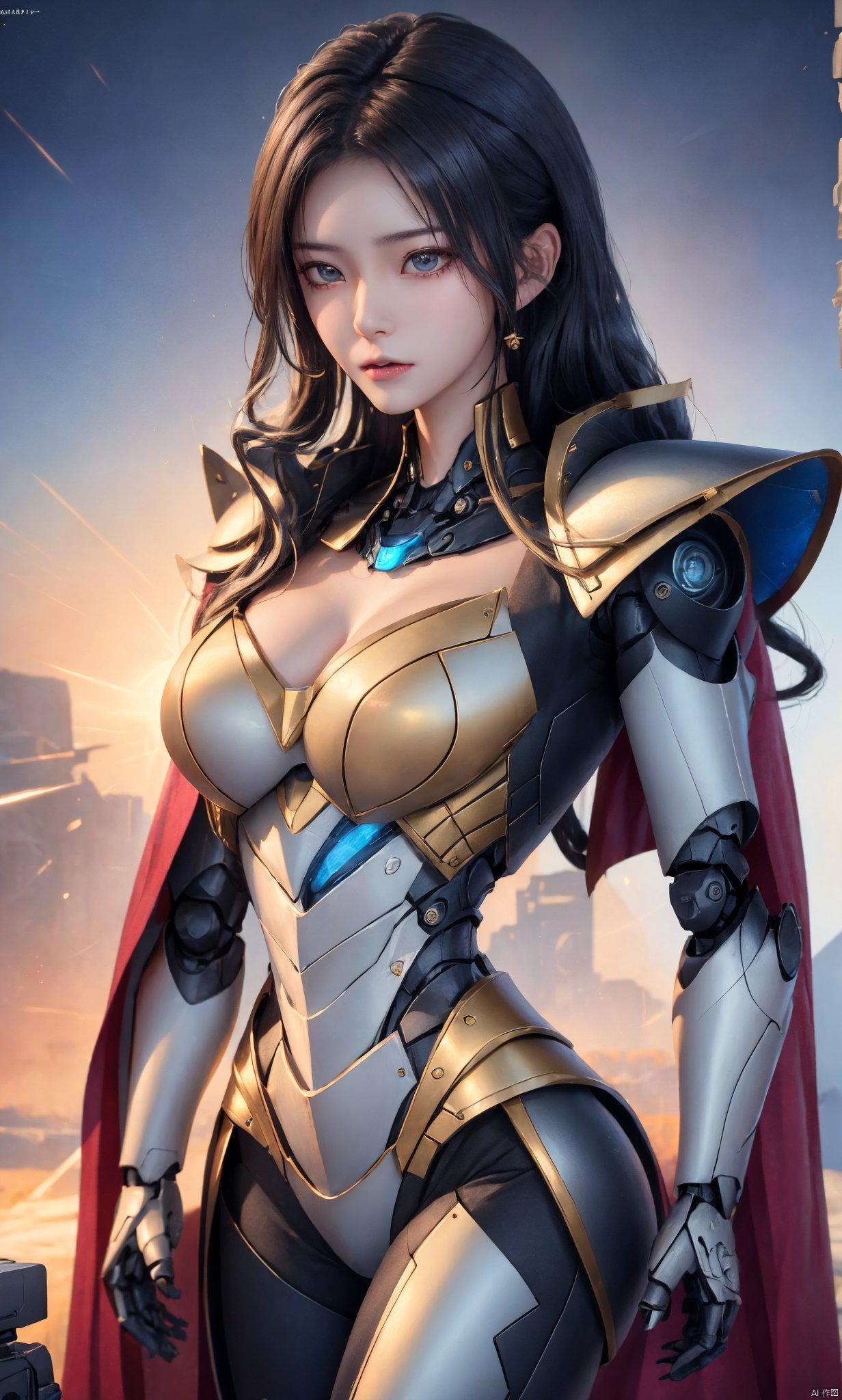  8k, best quality, masterpiece,1girl, illustration, an extremely delicate and beautiful, extremely detailed ,CG ,unity ,wallpaper, finely detail, official art, unity 8k wallpaper,big breasts,Big tits, incredibly absurdres, quan,ban,,red cape,malenia_blade, hjyzbrobot, machine,1girl, hjyjiazhourbt,white_armor, Mecha,Female robots, leidianjiangjun, ,Slim,Perfect figure,,, tianqi,Textured skin,Textured hair,Photographer Toshio Sato's shooting style features fresh Japanese tones and Fuji cameras, with a 35MM lens. In the setting sun and golden moments, clear focus, , emotional and atmospheric, with a golden realistic style. Portrait photography features lens flares, jastyle, long hair, Slim, Perfect figure, 1girl, jpeg artifacts, Textured skin