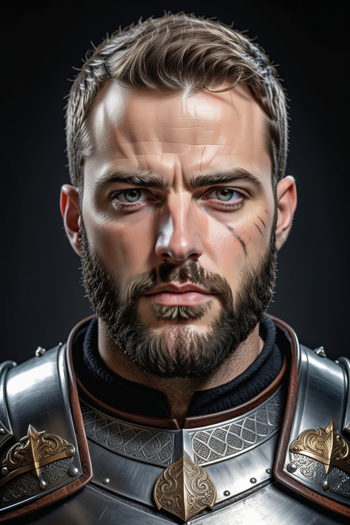 best quality, masterpiece, (photorealistic:1.25), portrait photo of adult male, (highly detailed face), (full beard), cut scar down forehead, armored, sharp details, (high detail skin), skin pores, hdr, professional studio photography