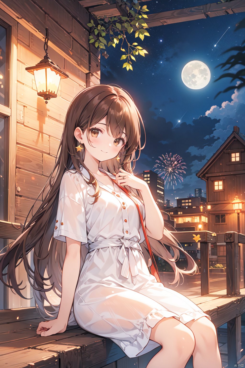  1girl, aerial_fireworks, bangs, brown_eyes, brown_hair, building, city, city_lights, cityscape, closed_mouth, earrings, fireworks, full_moon, holding, jewelry, lamppost, lantern, long_hair, looking_at_viewer, moon, night, night_sky, outdoors, paper_lantern, shooting_star, short_sleeves, sitting, sky, skyline, skyscraper, smile, solo, star_\(sky\), starry_sky, tanabata, tanzaku