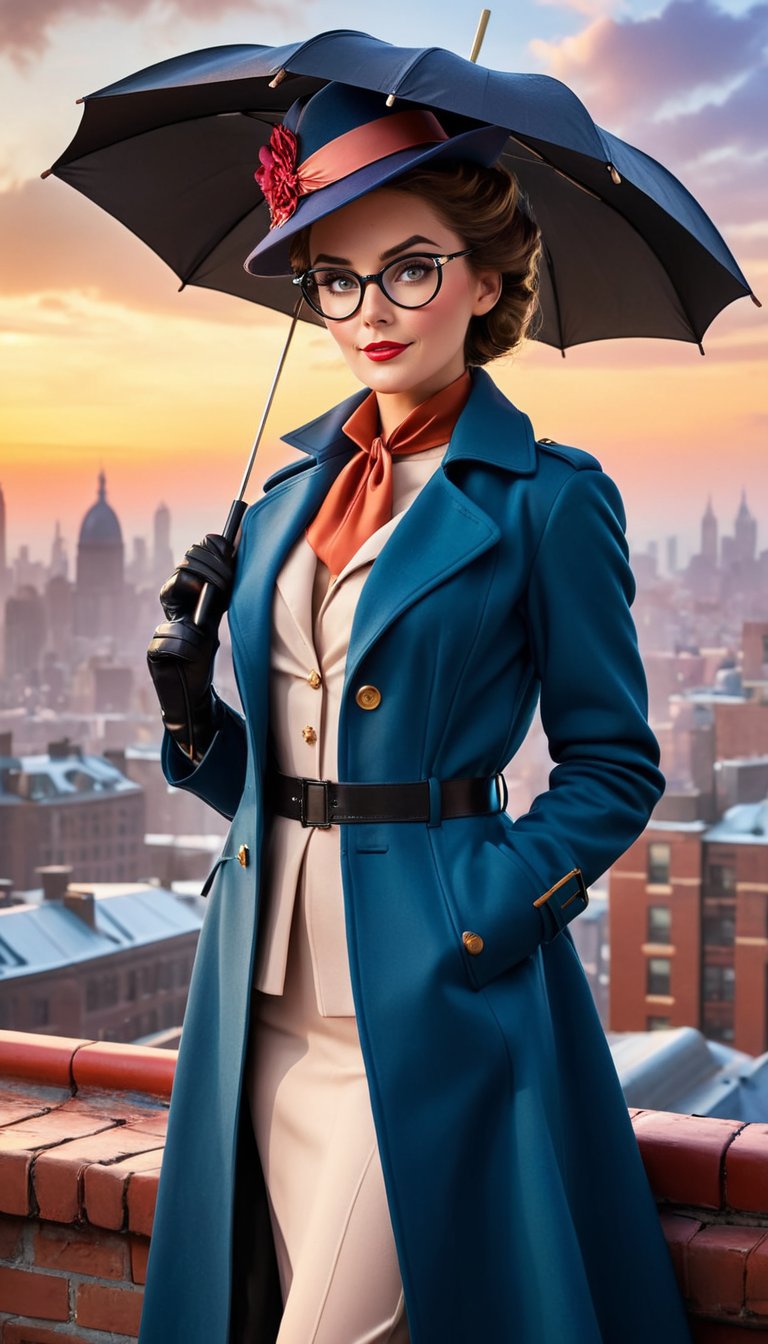 A rooftop scene set against a sunset backdrop with the model woman resembling an adventurous aviator like ((Mary Poppins))...
