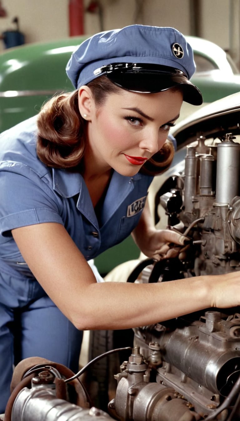 1950s mechanic working model woman in a garage: Wearing coveralls and a mechanic's cap,  repairing an old classic car. (Ca...