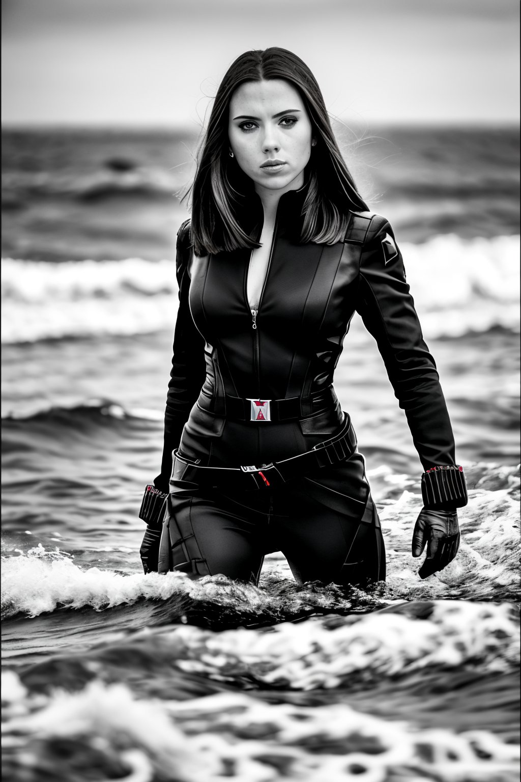 (b&w) photo of woman, blackwidow, half body, bodysuit, looking at viewer, high detailed skin, (coastline), overcast weather, wind, waves, 8k uhd, dslr, soft lighting, high quality, film grain, Fujifilm XT3 <lora:BlackWidow:1>