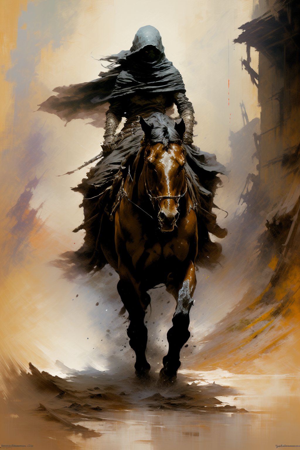 oil painting,  intricate dynamic action shot of rogue with a dark shourd riding a horse,  solo by Konan on Tensor.Art