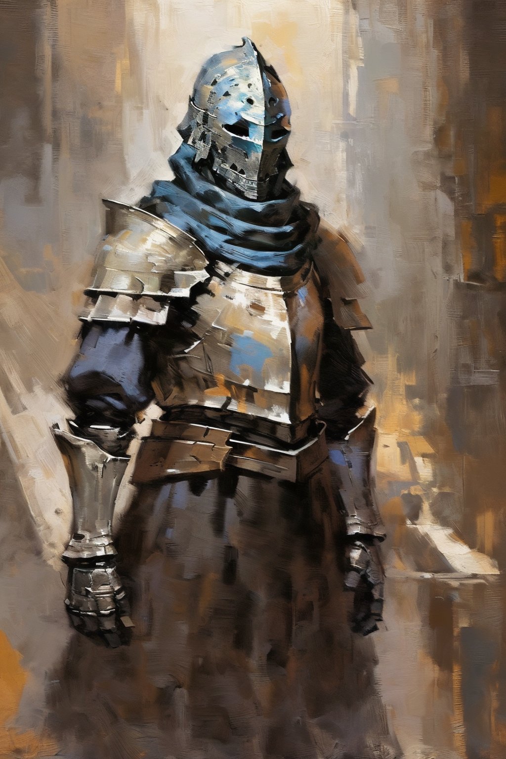 masterpiece, best quality, knight in full armor, helmet, blue scarf, medieval, upper body, bichu, (oil painting), bearly, simplebackground  <lora:oil painting:0.4> <lora:bichu-v0612:0.5>