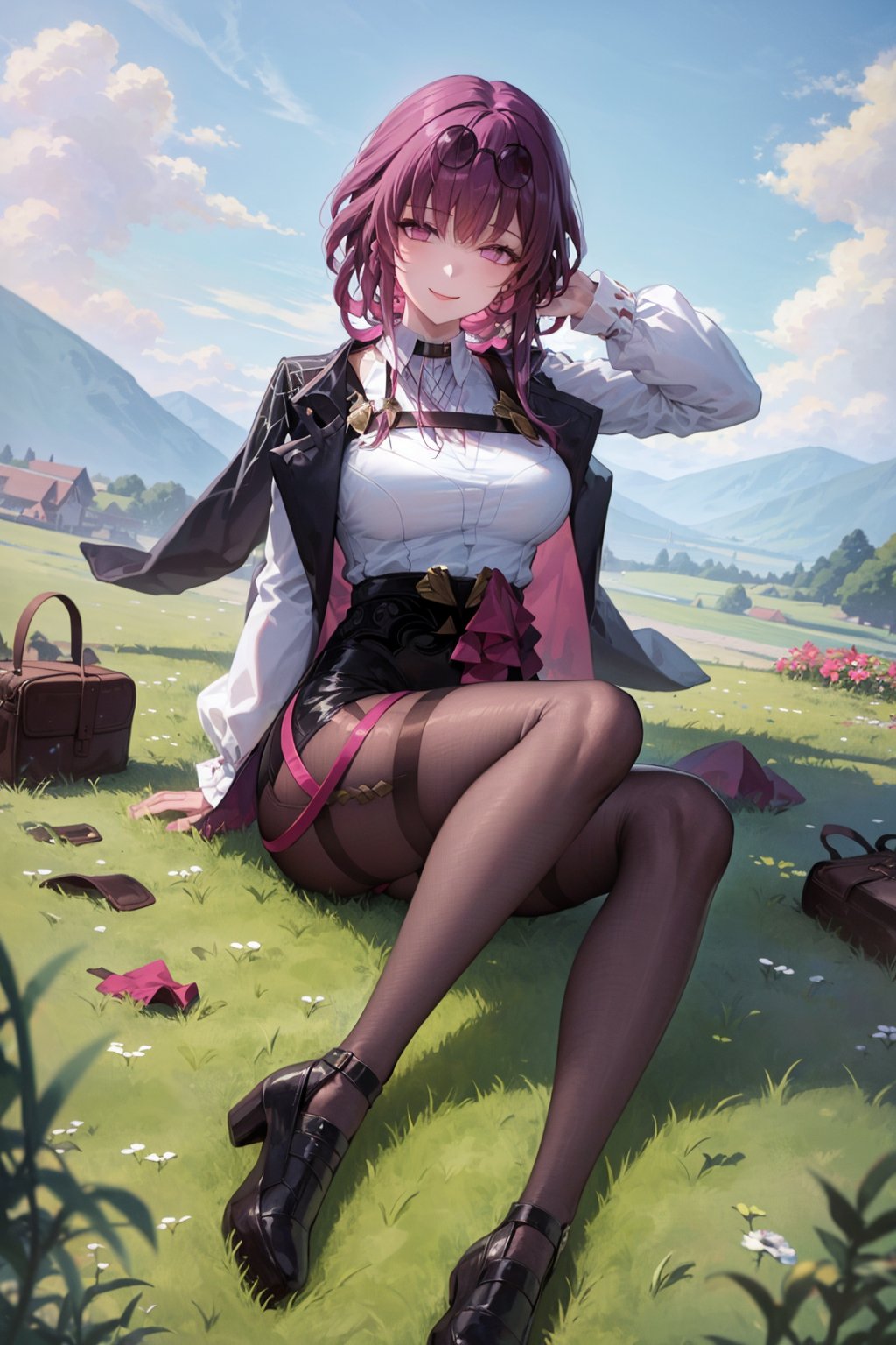 masterpiece, best quality, 1girl, kafka, purple hair, long hair, bangs, purple eyes, eyewear on head, white shirt, jacket on shoulders, pantyhose, full body, smile, looking at viewer, solo, grass, blue sky, meadow background <lora:Kafka:1>