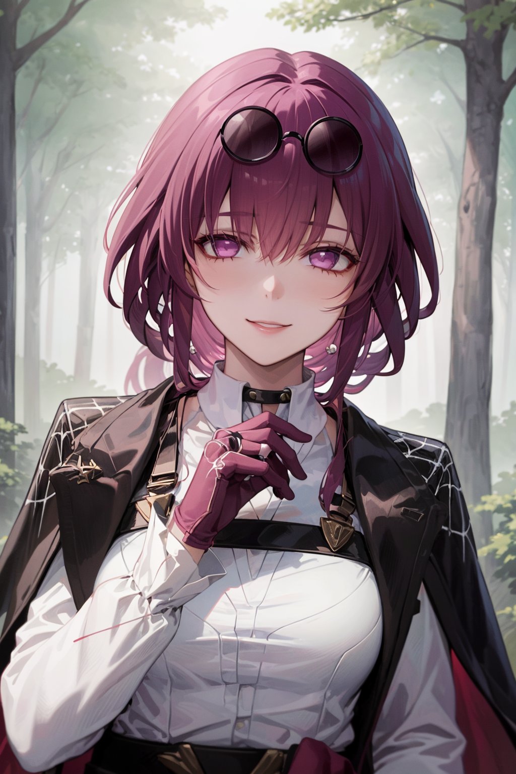 masterpiece, best quality, 1girl, kafka, purple hair, long hair, bangs, purple eyes, eyewear on head, white shirt, jacket on shoulders, gloves, rings, half-closed eyes, motherly charm, seductive smile, small breasts, upper body, looking at viewer, solo, outdoors, trees, forest background <lora:Kafka:1>