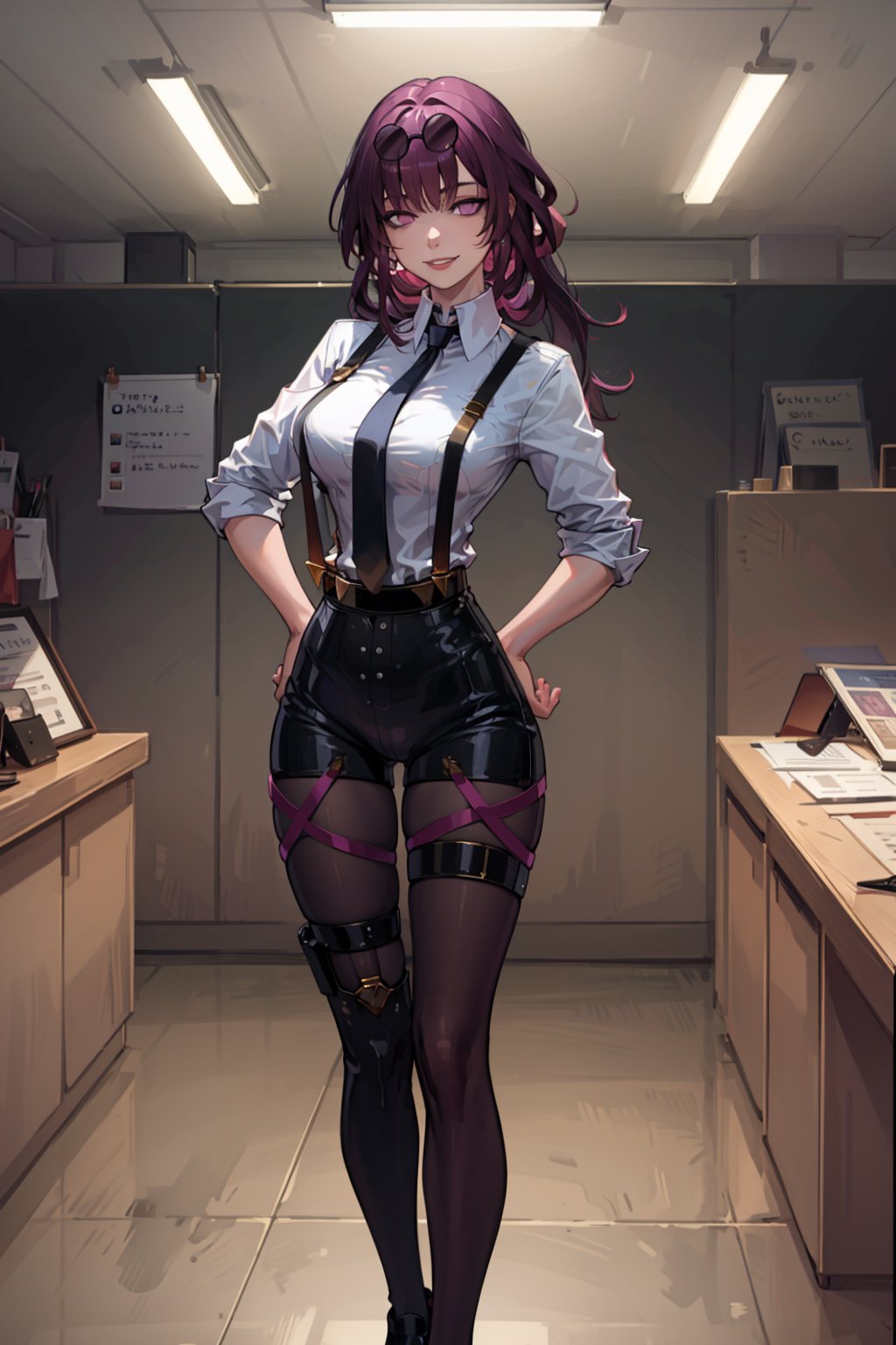 masterpiece, best quality, 1girl, kafka, purple hair, long hair, bangs, purple eyes, eyewear on head, white shirt, suspenders, necktie, thigh strap, (black pants), full body, hands on hips, smile, looking at viewer, standing, contrapposto, solo, indoors, office background <lora:Kafka:1>