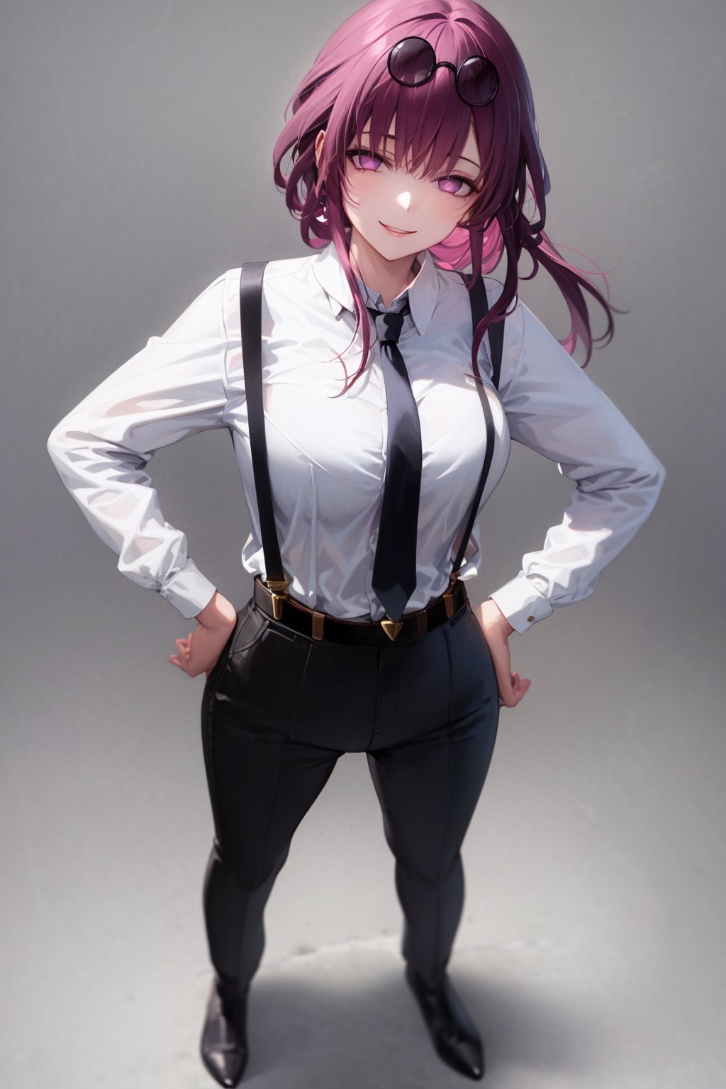 masterpiece, best quality, 1girl, kafka, purple hair, long hair, bangs, purple eyes, eyewear on head, white shirt, suspenders, necktie, black pants, full body, hands on hips, smile, looking at viewer, solo, simple background <lora:Kafka:1>