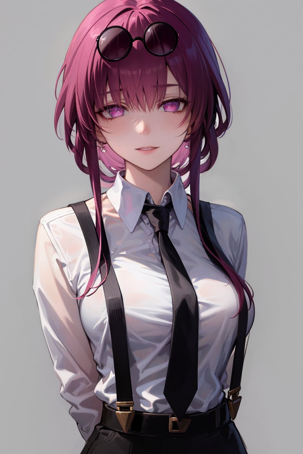 masterpiece, best quality, 1girl, kafka, purple hair, long hair, bangs, purple eyes, eyewear on head, white shirt, suspenders, necktie, arms  behind back, closeup, looking at viewer, solo, sketch, simple background <lora:Kafka:1>