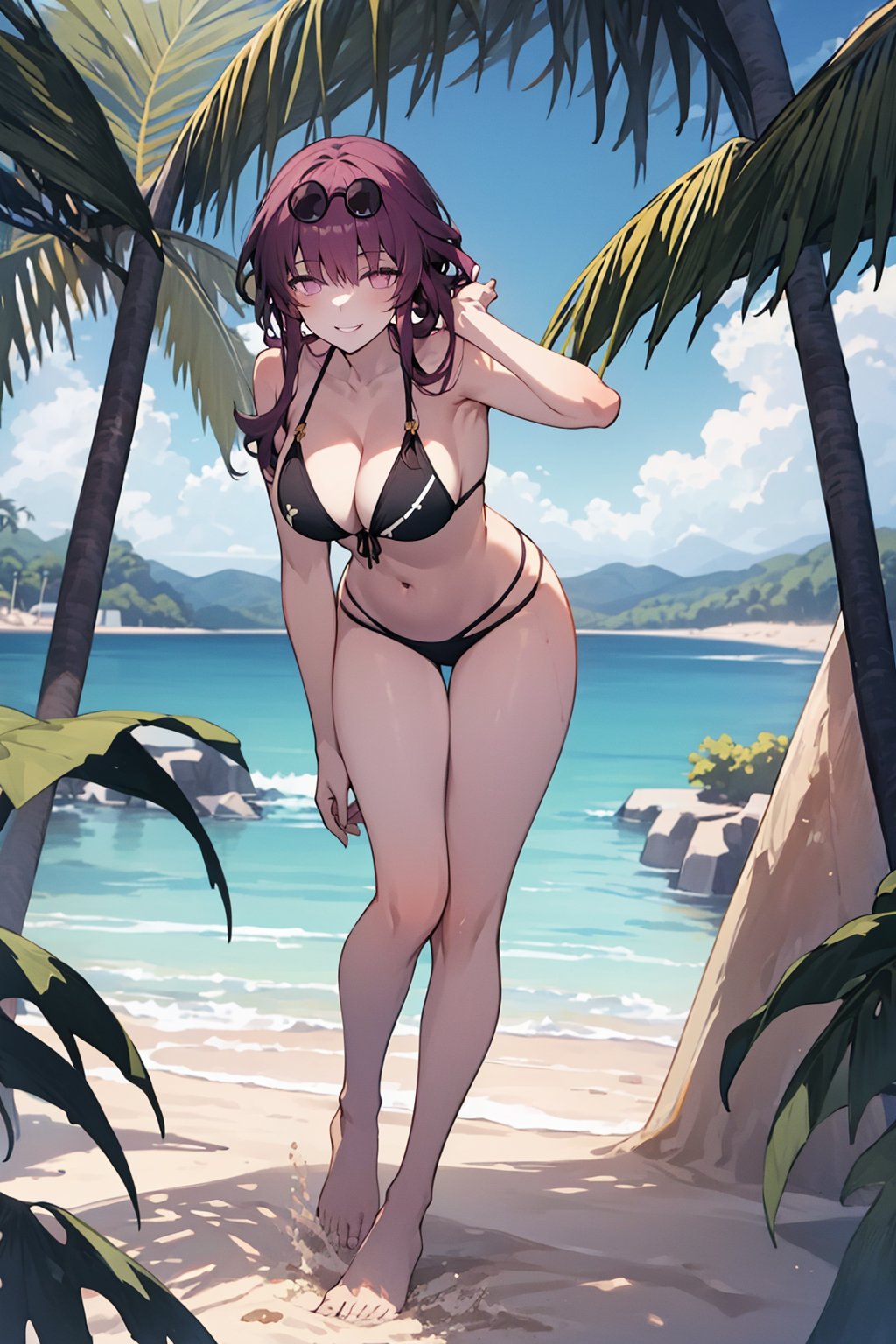 masterpiece, best quality, 1girl, kafka, purple hair, long hair, bangs, purple eyes, eyewear on head, bikini, full body, smile, looking at viewer, solo,sea, sand, blue sky, tropical island background  <lora:Kafka:1>