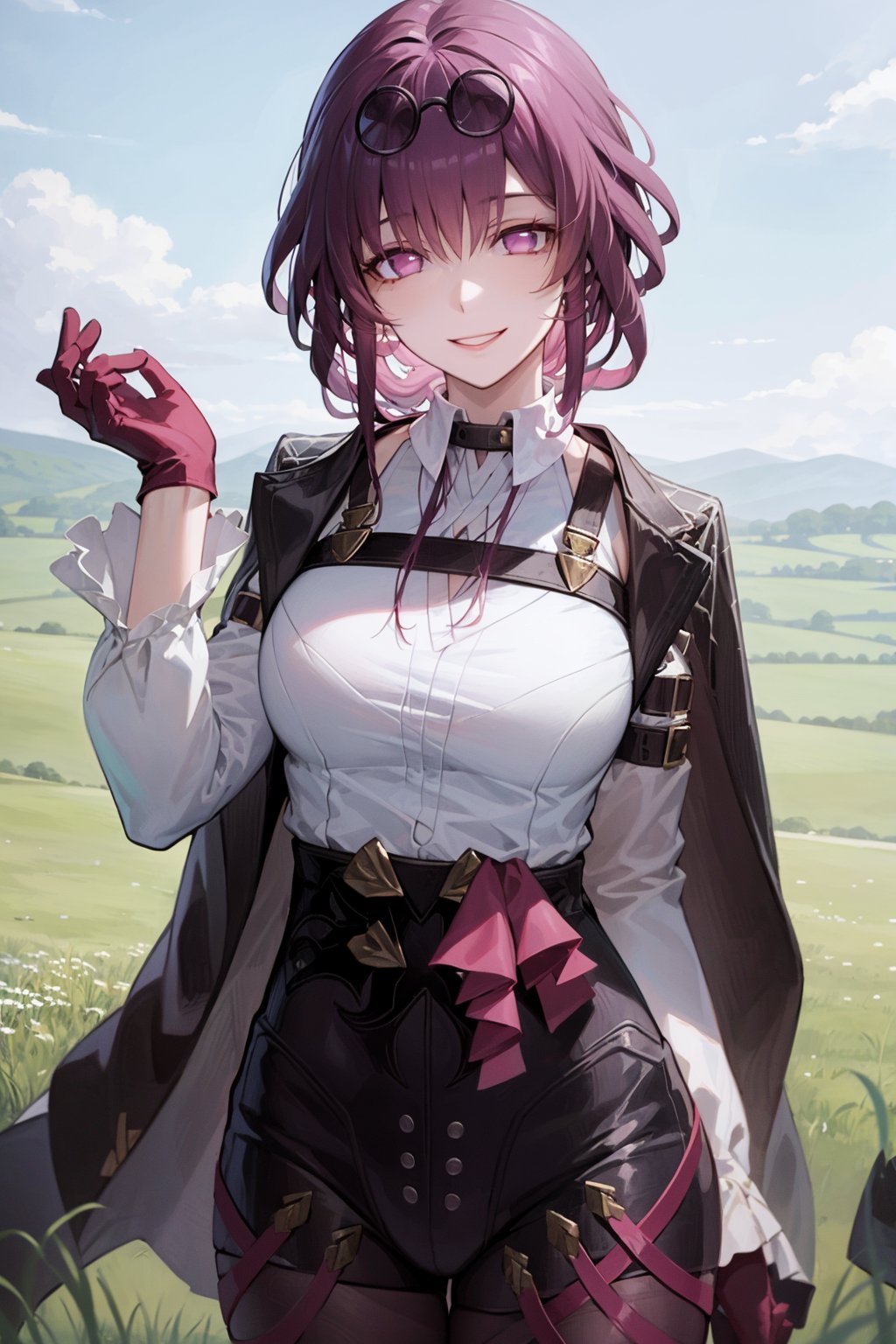 masterpiece, best quality, 1girl, kafka, purple hair, long hair, bangs, purple eyes, eyewear on head, white shirt, jacket on shoulders, gloves, upper body, smile, looking at viewer, solo, grass, blue sky, meadow background <lora:Kafka:1>