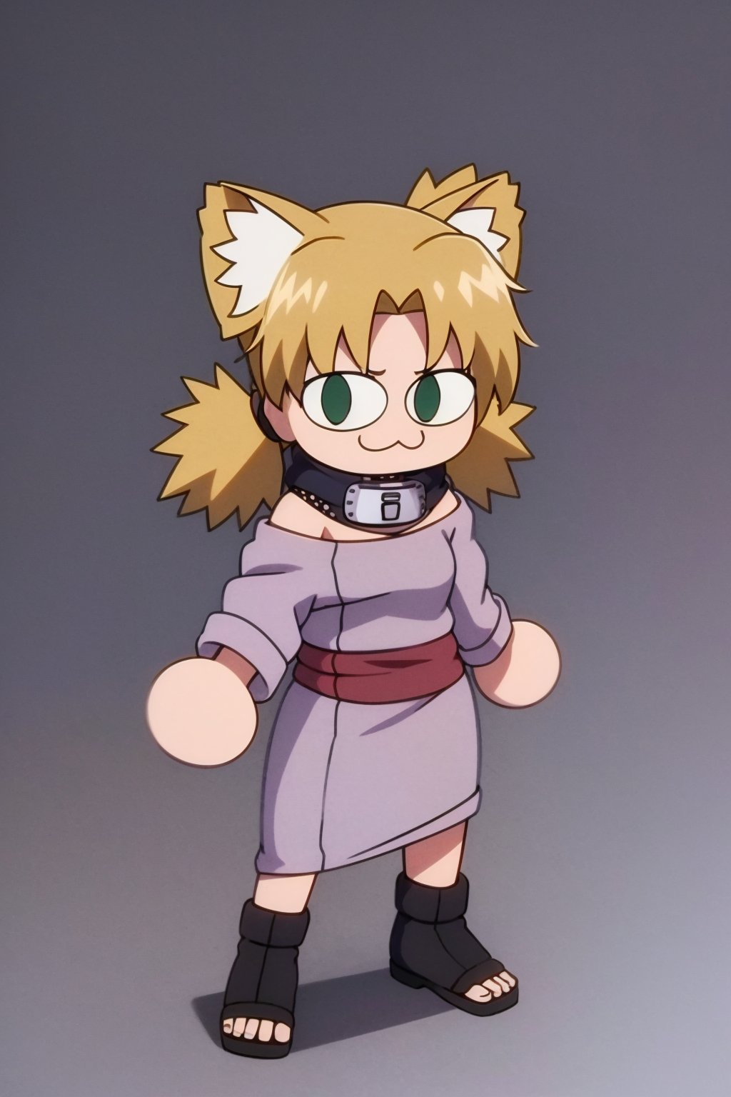 masterpiece, best quality,  1girl, ytemari, blonde hair,quad tails, dark green eyes, purple garments, :3, cat ears, chibi, cat girl, solo, slit pupils, solo, standing, solid grey background <lora:necoArcCharacters_necoArcv3final:1>  <lora:TemariV2:1>