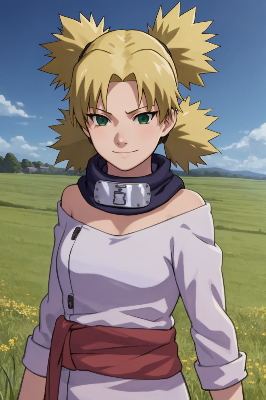 masterpiece, best quality, 1girl, ytemari, blonde hair,quad tails, dark green eyes, purple garment, sash, upper body, smile, looking at viewer, grass, blue sky, meadow background <lora:TemariV2:1>