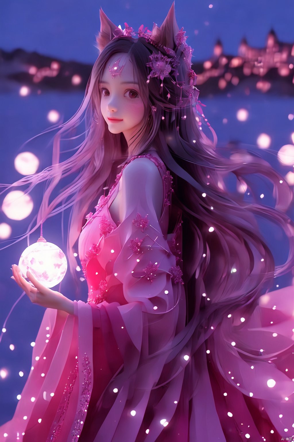 1girl,solo,long hair,looking at viewer,smile,brown hair,black hair,hair ornament,dress,animal ears,upper body,from side,night,red dress,pink dress,lantern,light,orb