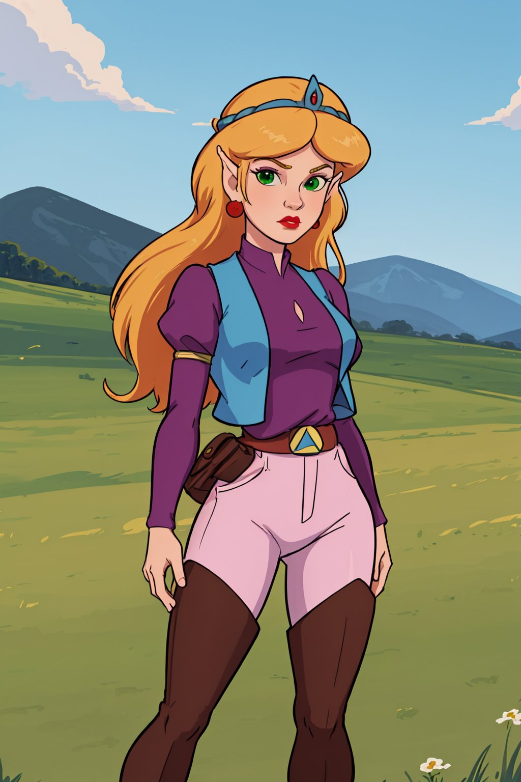 masterpiece, best quality, 1girl, tsmbsszelda, blonde hair, long hair, green eyes, earrings, lipstick, pointy ears, tiara, vest, belt, pink pants, thigh boots,  full body, looking at viewer, solo, grass, blue sky, meadow background <lora:Zelda80s:1>