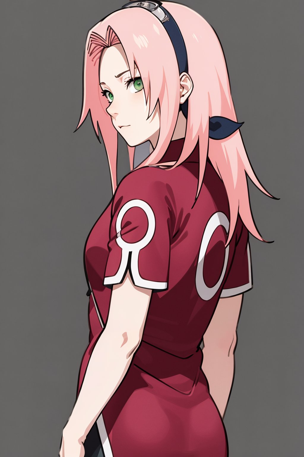 masterpiece, best quality, 1girl,haruno sakura, pink hair, long hair, green eyes,  short sleeves, upper body, looking at viewer, solo, simple background  <lora:SakuraV2:1>