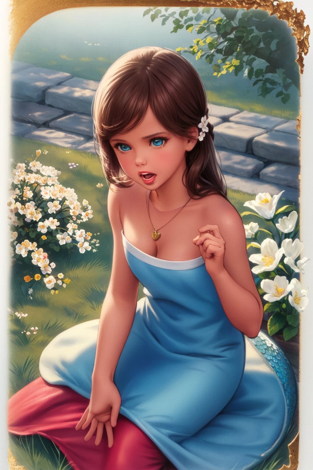 masterpiece, best quality, 1girl, solo, long hair, open mouth, blue eyes, brown hair, dress, cleavage, bare shoulders, jewelry, medium breasts, sitting, flower, necklace, strapless, blue dress, border, own hands together, looking up, monster girl, white border, yellow flower, mermaid<lora:MarcelMarlier:1>