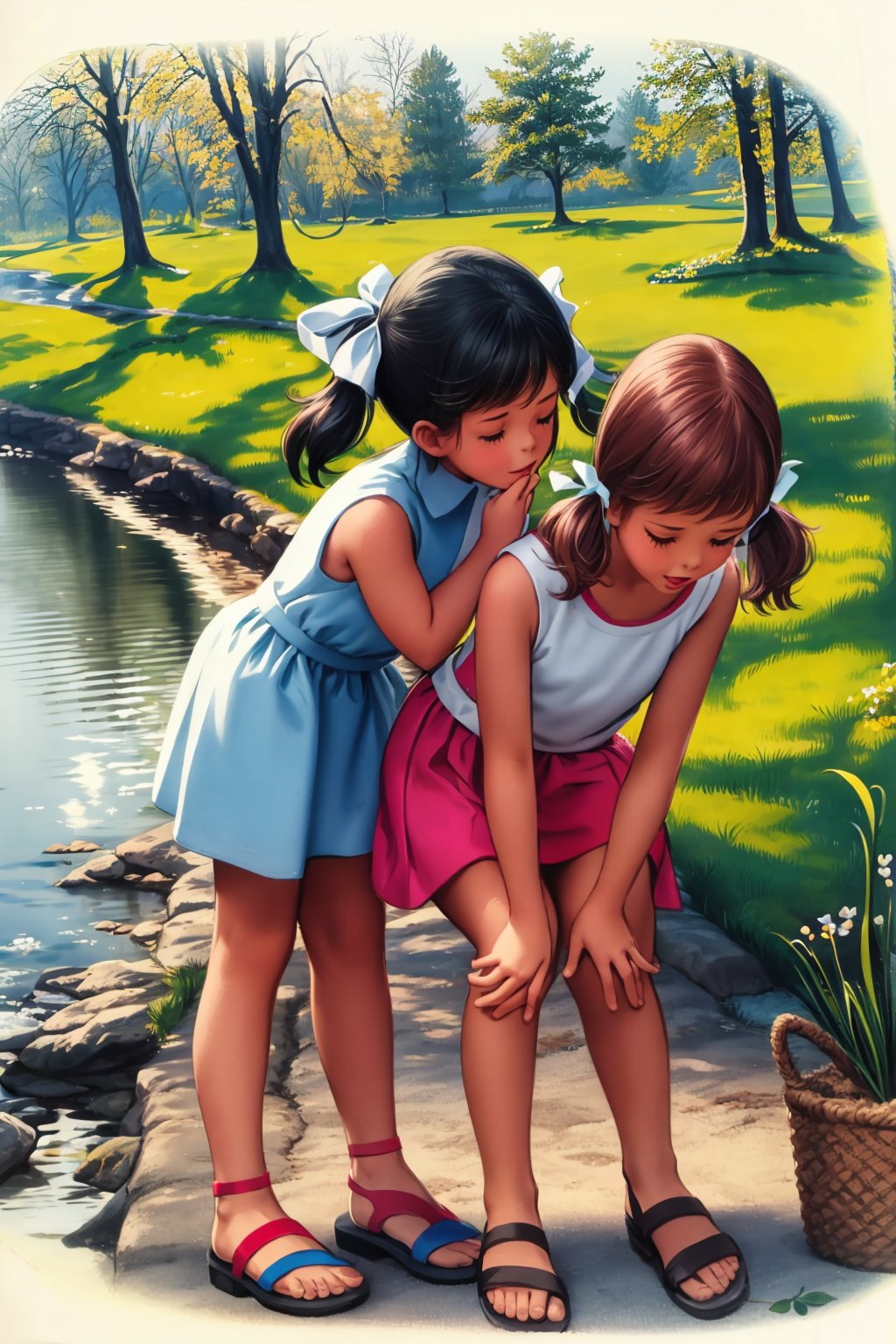 masterpiece, best quality, marlier, blonde, short hair, multiple girls, skirt, brown hair, shirt, black hair, dress, ribbon, twintails, sitting, closed eyes, hair ribbon, white shirt, outdoors, sleeveless, day, 3girls, water, tree, blue skirt, leaning forward, red skirt, sandals, crossed legs, grass, child, nature, river <lora:MarcelMarlier:1>