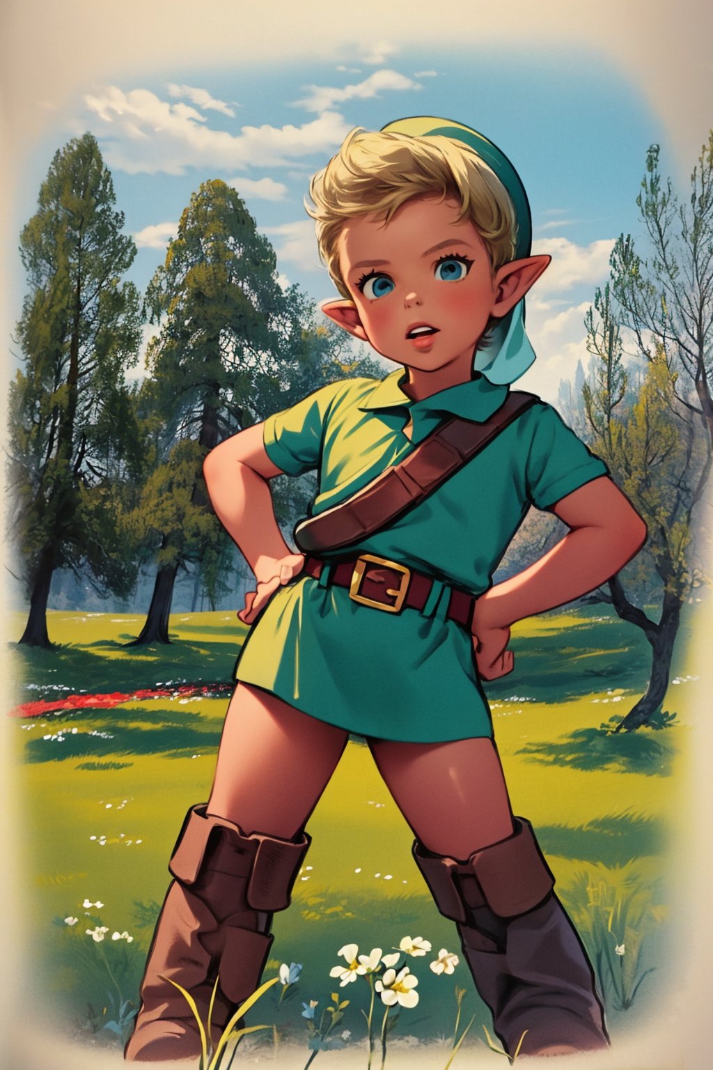 masterpiece, best quality, 1boy, younglink, blonde hair, blue eyes, hat, pointy ears, green tunic, belt, boots, hands on hips, outdoors, meadow background <lora:YoungLink:0.8>  <lora:MarcelMarlier:1>