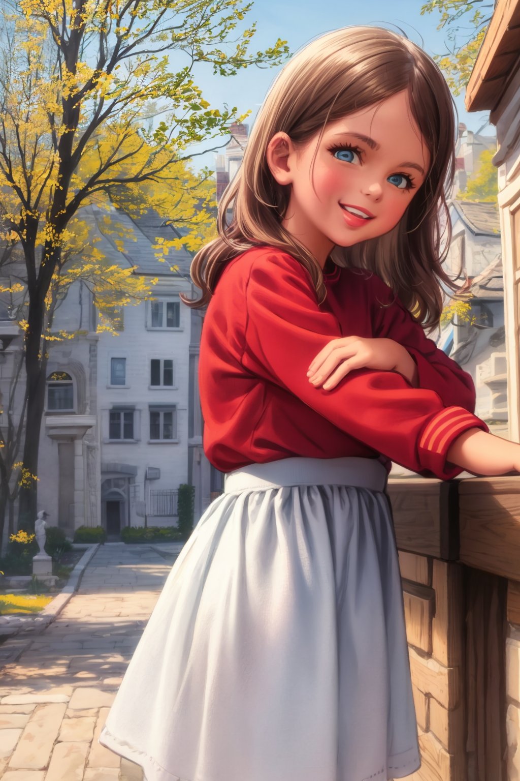 masterpiece, best quality, marlier, 1girl, blonde hair, long hair, blue eyes, brown hair, red shirt, white skirt, looking at viewer, smile, outdoors <lora:MarcelMarlier:1>